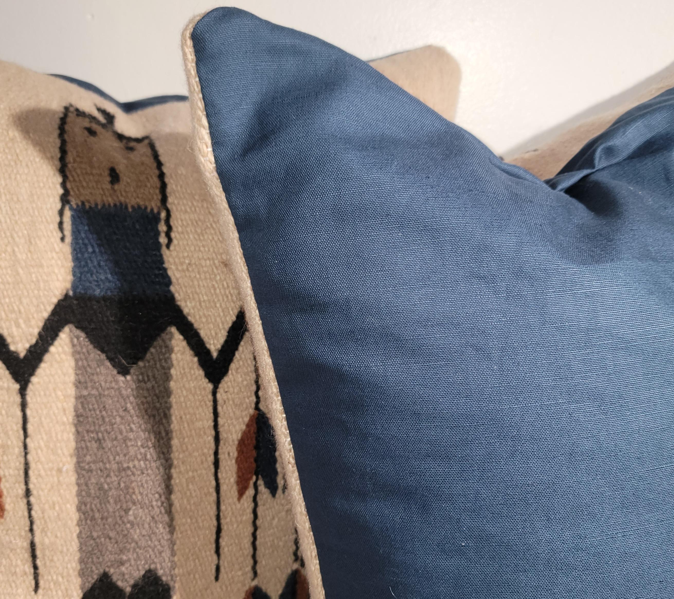 Pair of Navajo Yei Weaving Pillows With Blue Linen Backing For Sale 1
