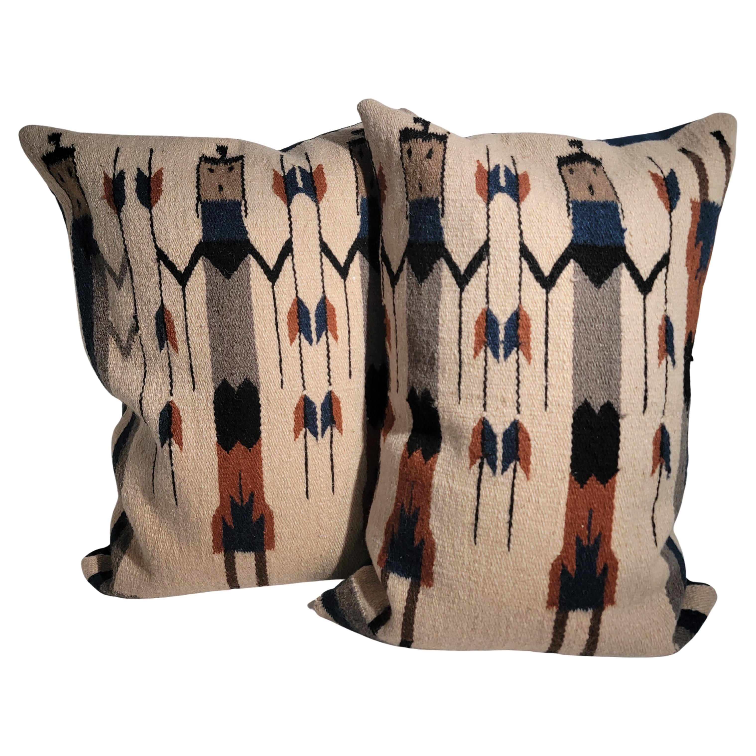 Pair of Navajo Yei Weaving Pillows With Blue Linen Backing