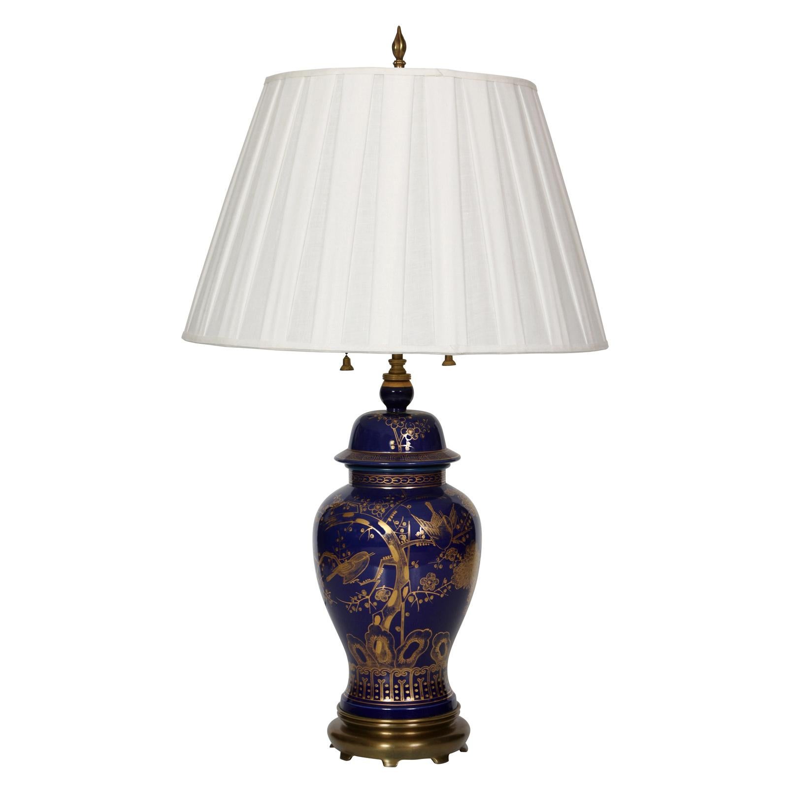 Pair of Navy and Gilt Asian Vases Mounted as Lamps In Good Condition For Sale In Locust Valley, NY