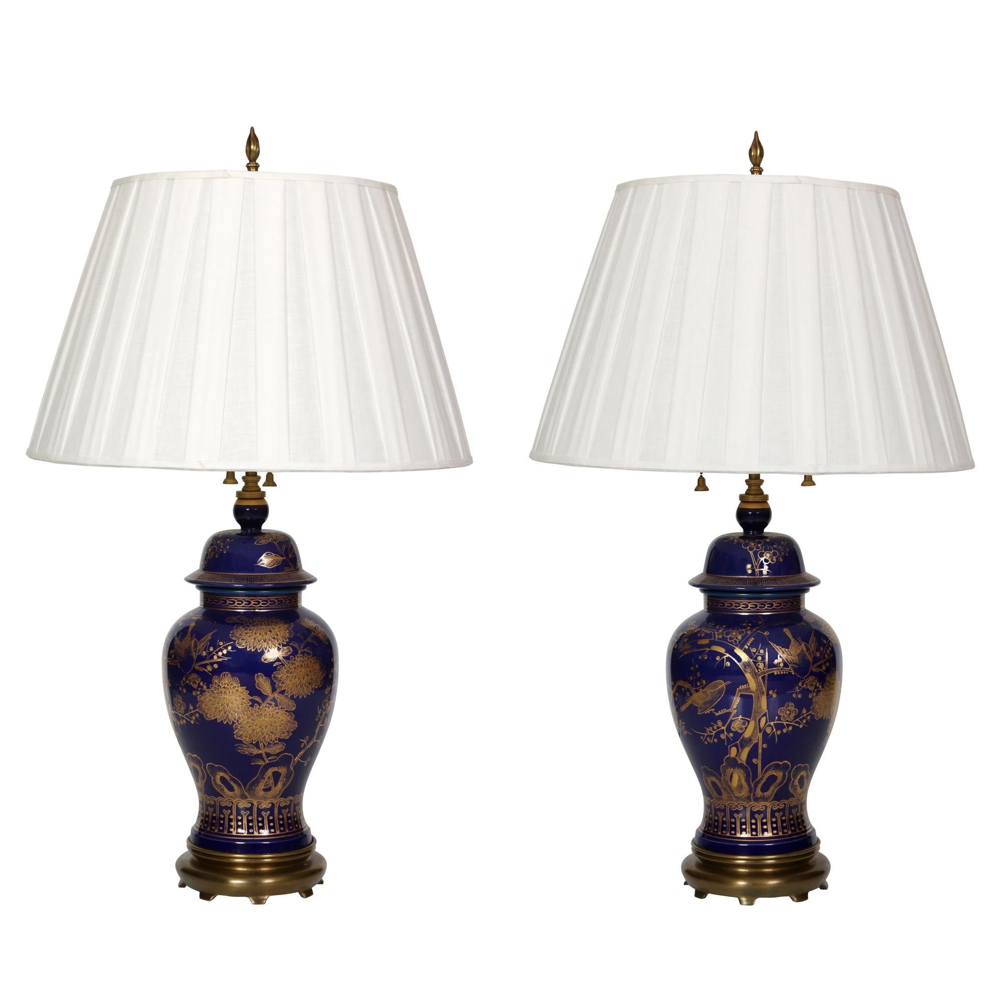 20th Century Pair of Navy and Gilt Asian Vases Mounted as Lamps For Sale
