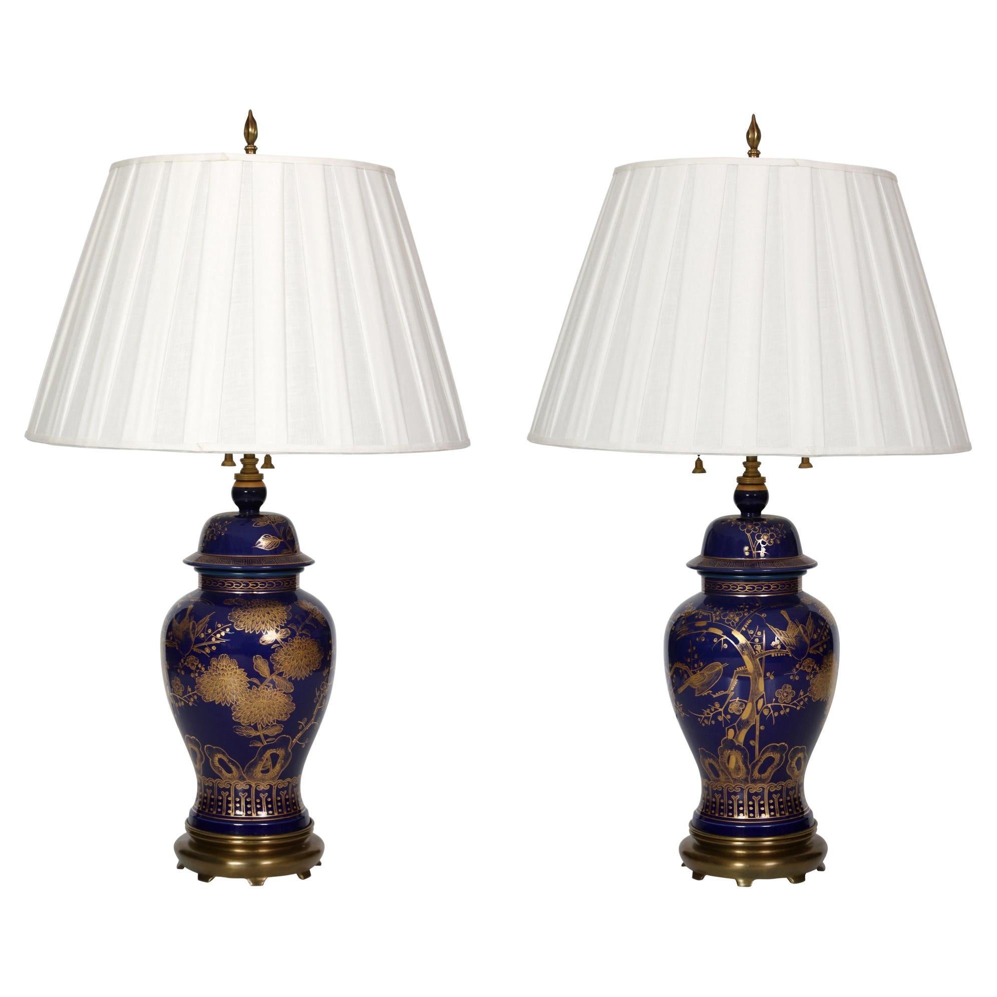 Pair of Navy and Gilt Asian Vases Mounted as Lamps