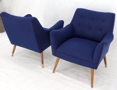 Pair of Navy Blue Mid-Century Modern Lounge Arm Chairs on Tapered Dowel Legs
