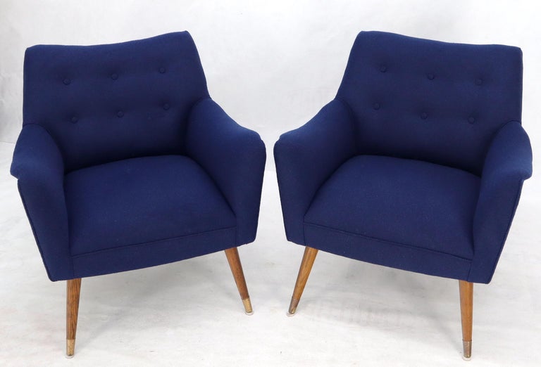 Pair of Navy Blue Mid-Century Modern Lounge Arm Chairs on Tapered Dowel ...