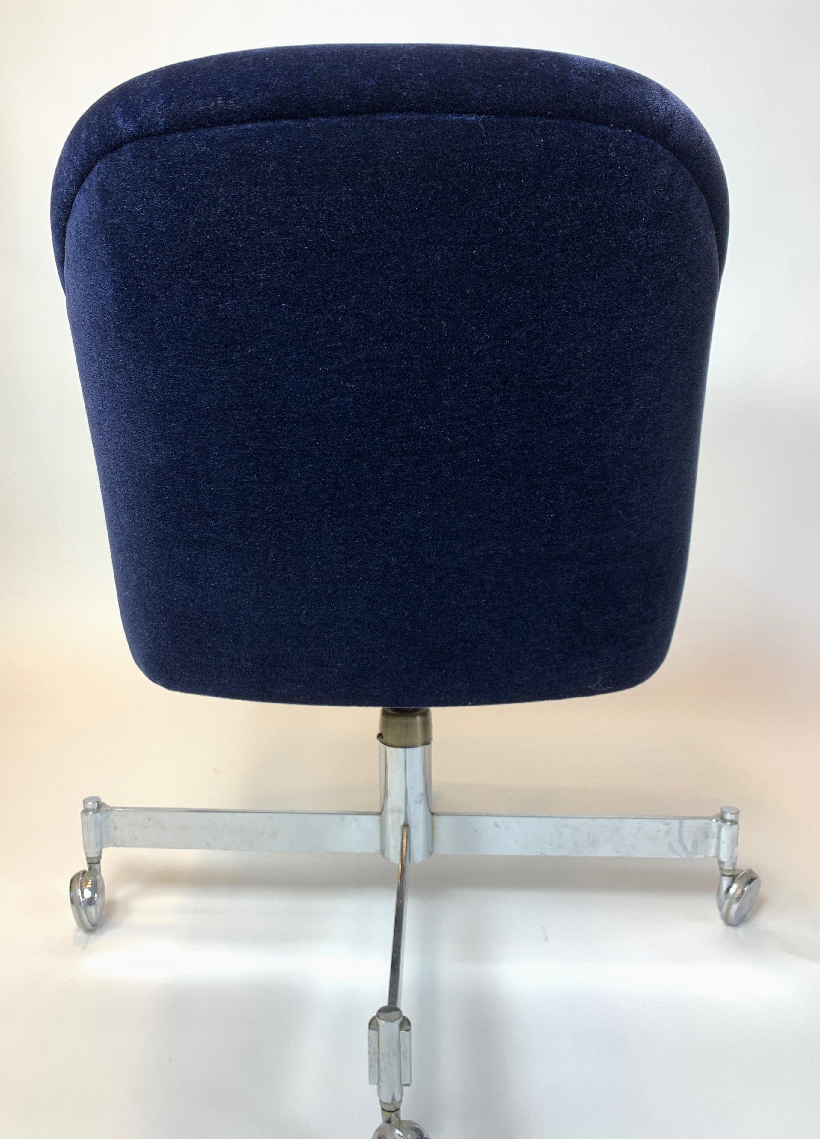 Plated Navy Blue Mohair Executive Swivel Chair by Ward Bennett For Sale