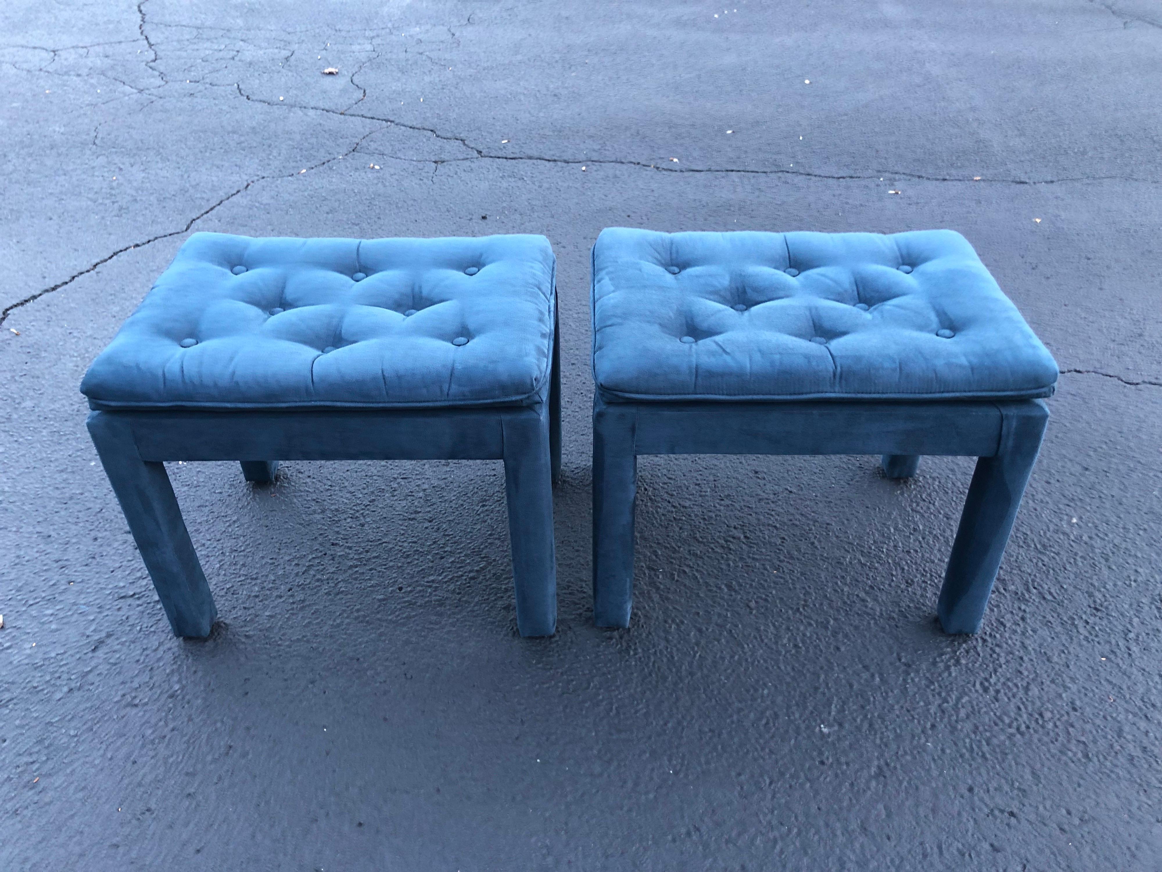 Pair of Navy Blue Suede Pillow Top Ottomans 6