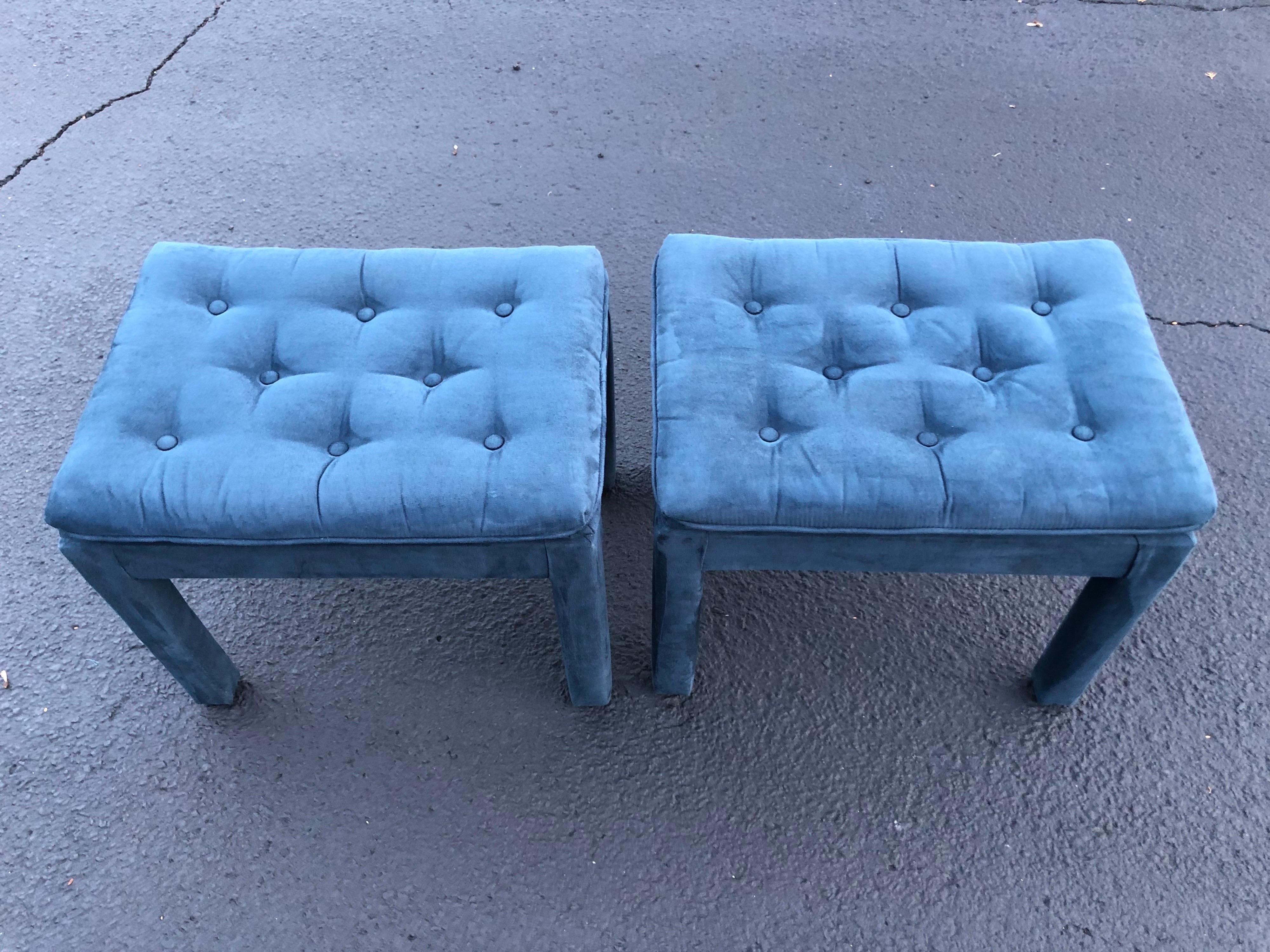 Pair of Navy Blue Suede Pillow Top Ottomans 9