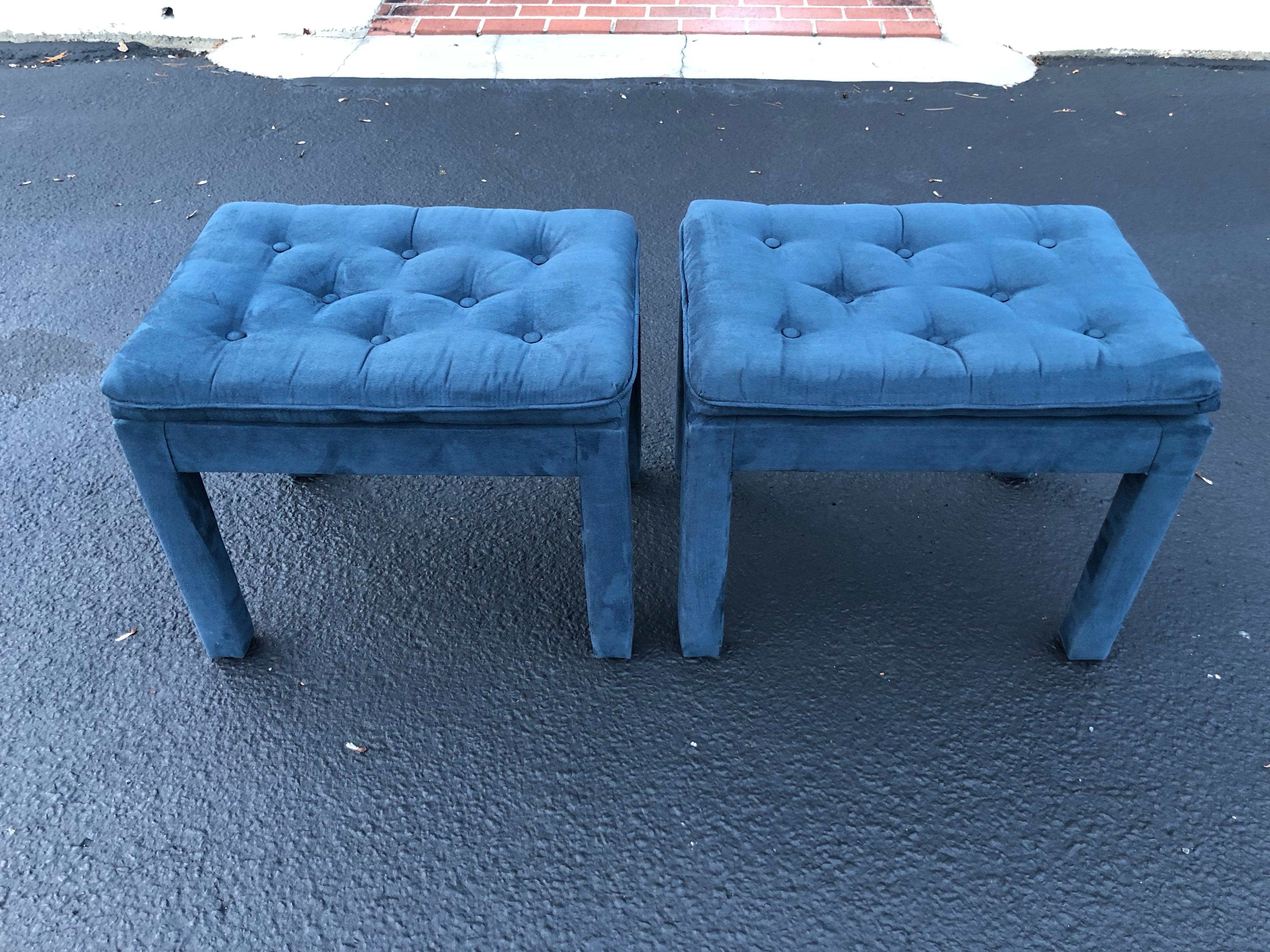 Pair of Navy Blue Suede Pillow Top Ottomans 10