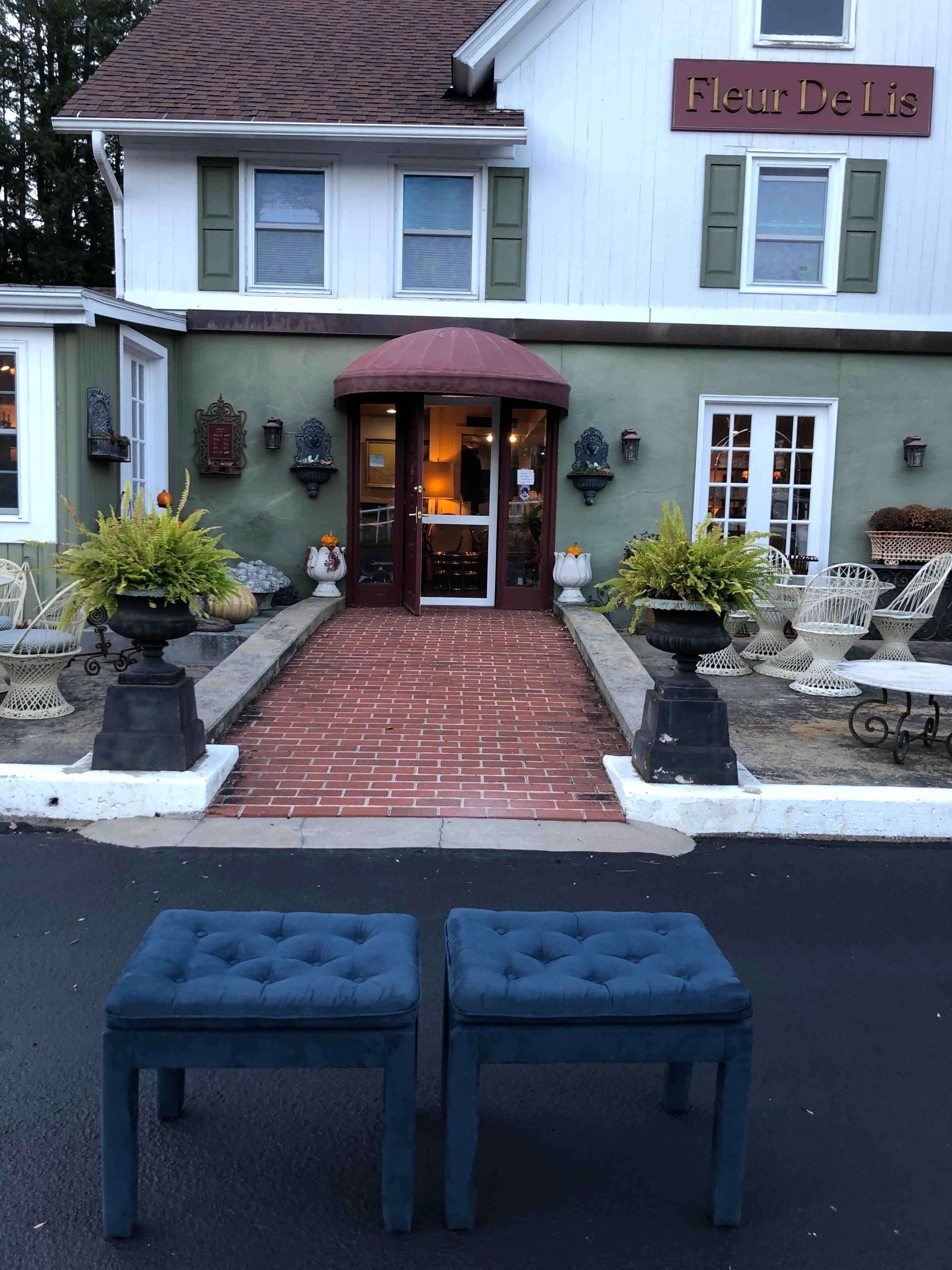Pair of Navy Blue Suede Pillow Top Ottomans 14