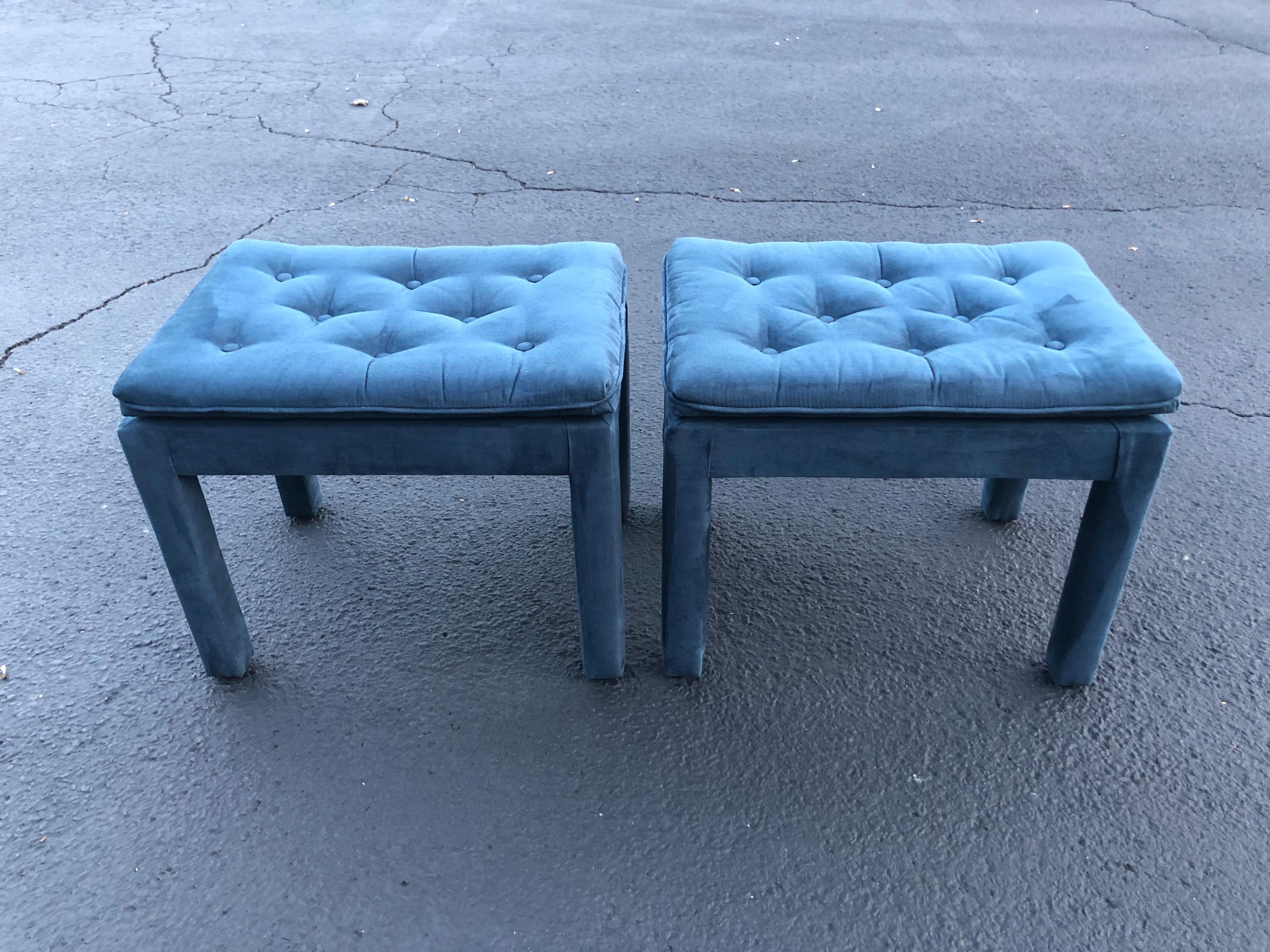 Mid-Century Modern Pair of Navy Blue Suede Pillow Top Ottomans