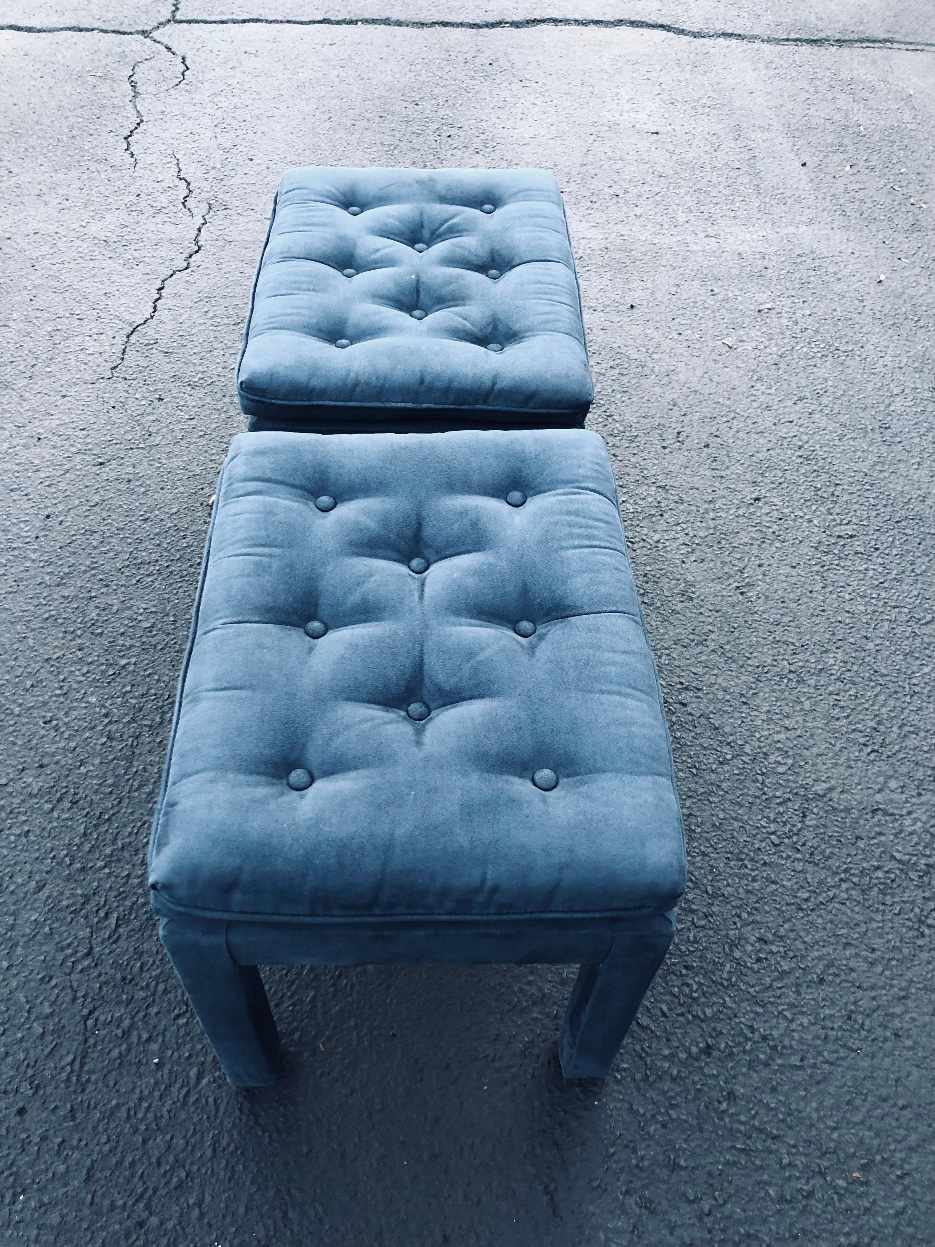 Pair of Navy Blue Suede Pillow Top Ottomans In Good Condition In Redding, CT