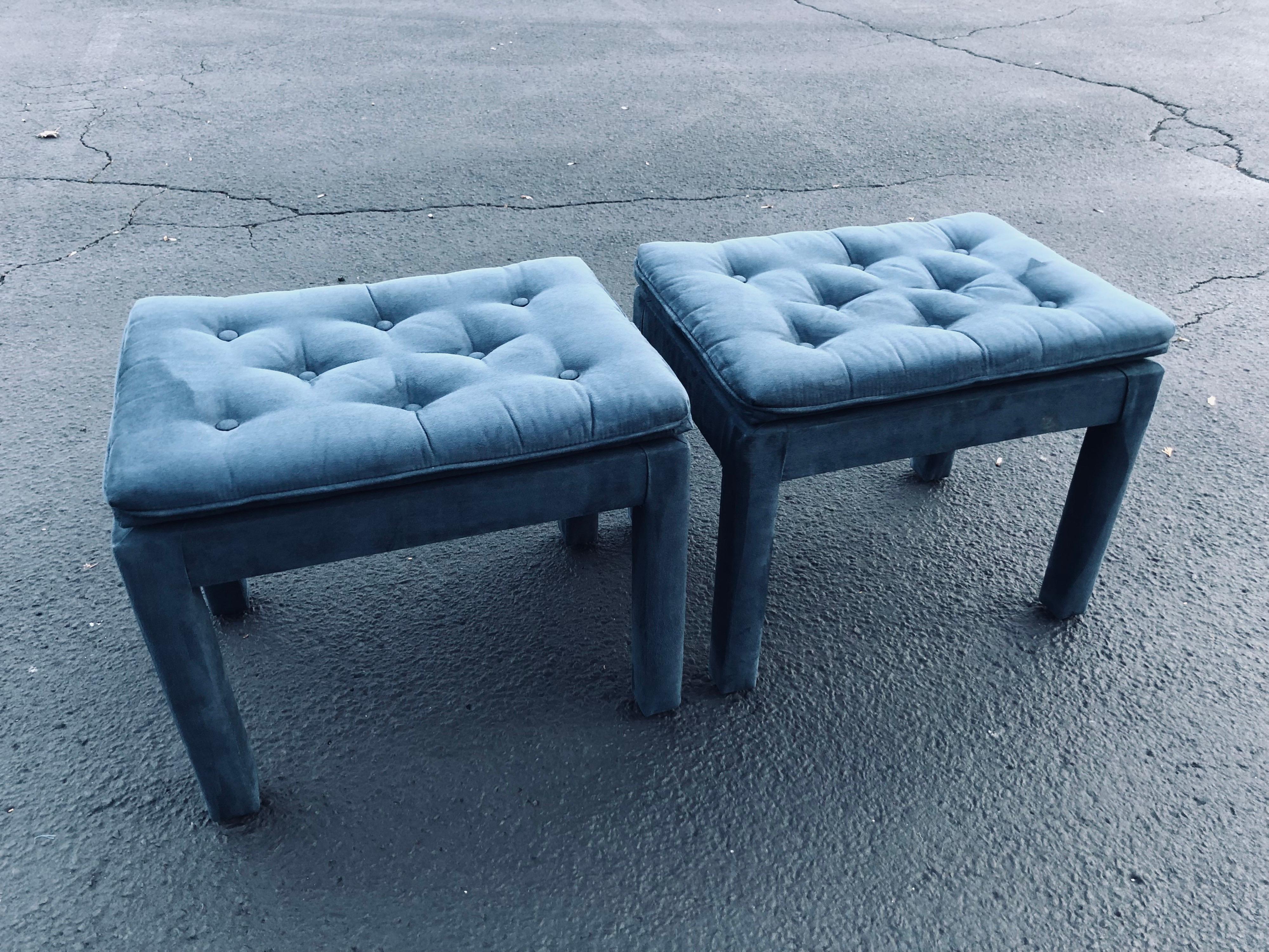 Late 20th Century Pair of Navy Blue Suede Pillow Top Ottomans