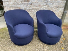 Pair of Navy Blue Upholstered Swivel Chairs Attributed to Milo Baughman