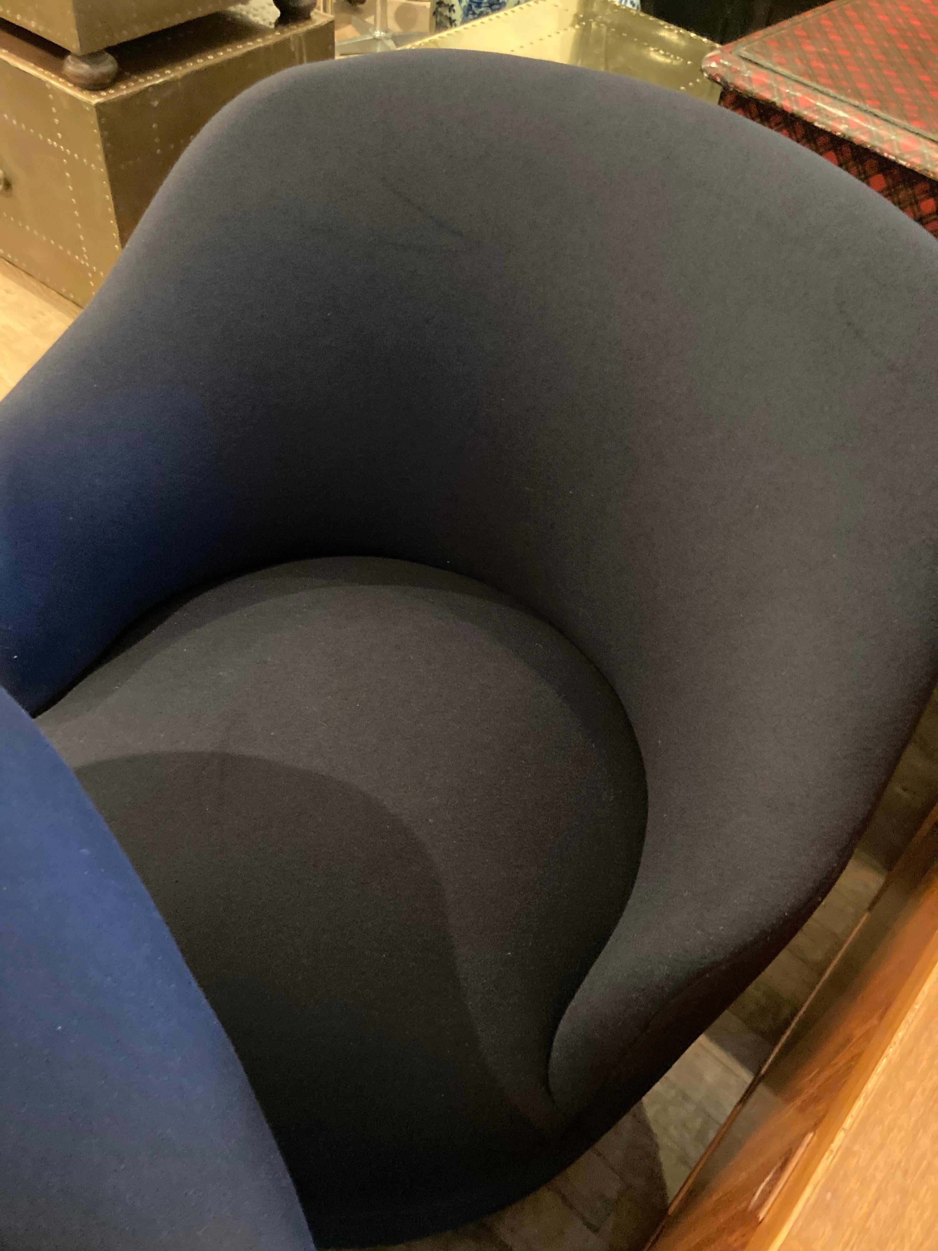 Wool Pair of Navy Blue Upholstered Swivel Chairs Attributed to Milo Baughman For Sale