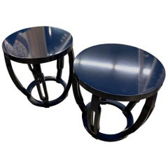 Pair of Navy Lacquered High Gloss Mark David Round Tables Navy Blue