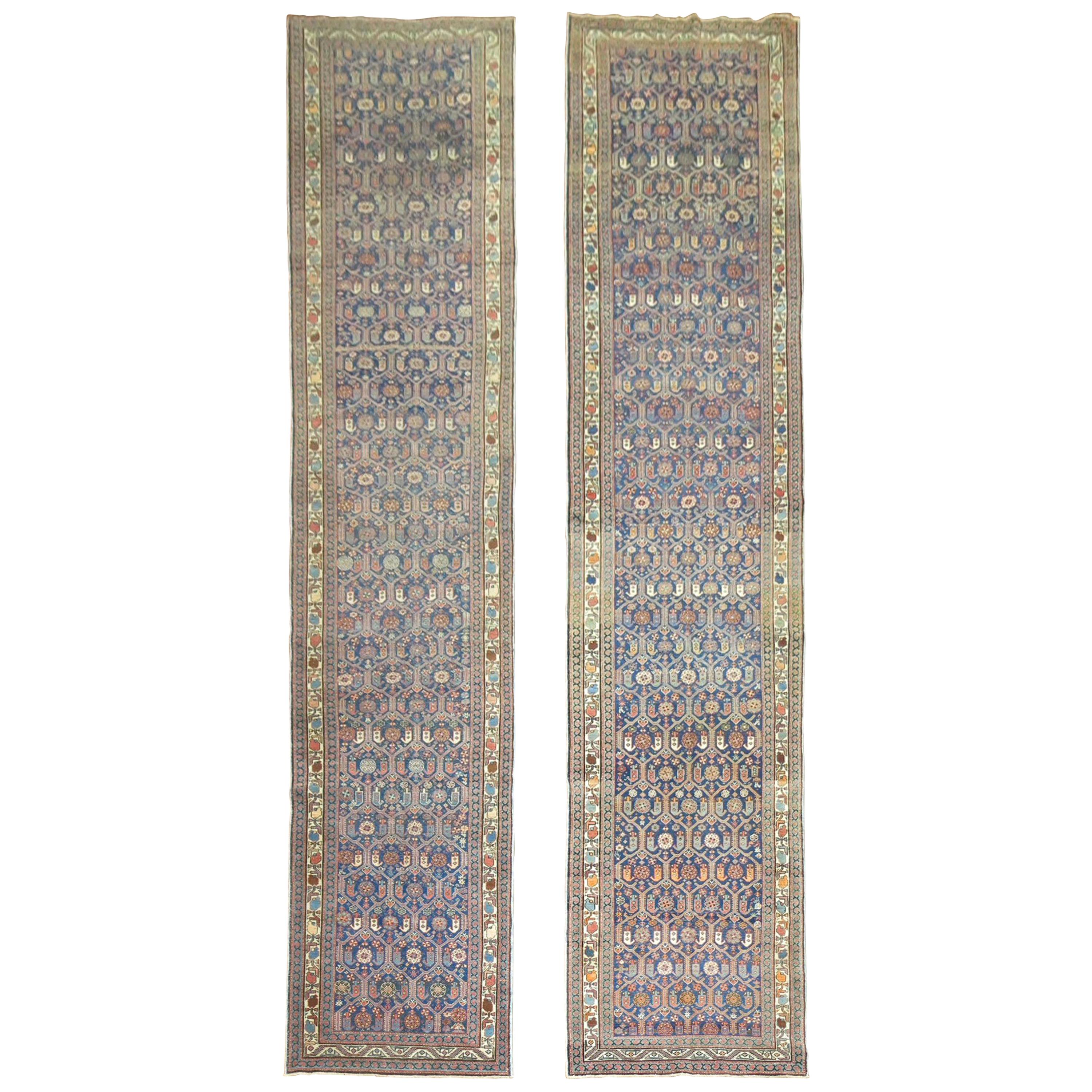 Zabihi Collection Pair of Navy Persian Antique Runners