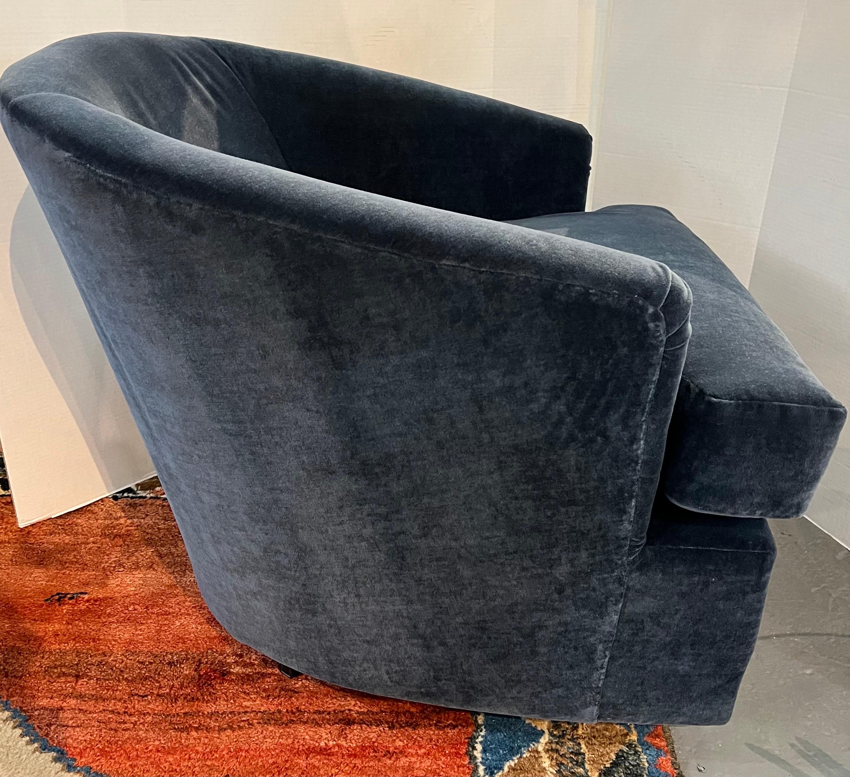 Pair of Navy Velvet Swivel Barrel Back Club Chairs Newly Upholstered In Good Condition In West Hartford, CT