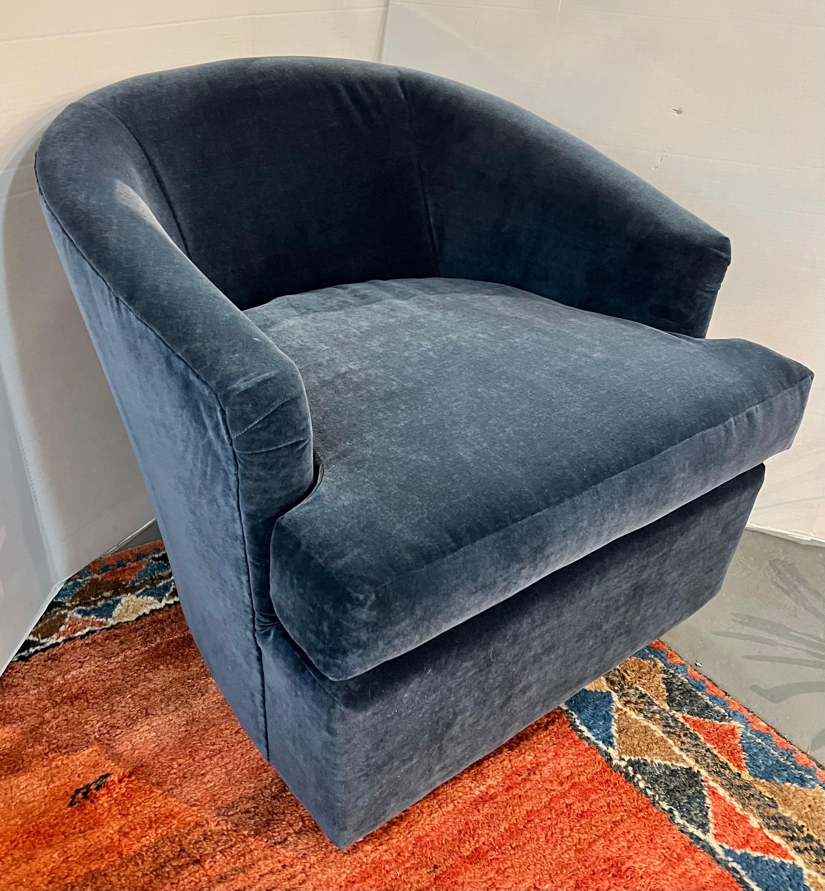 Late 20th Century Pair of Navy Velvet Swivel Barrel Back Club Chairs Newly Upholstered