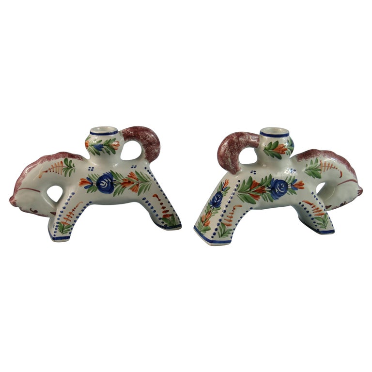 Pair of HB Quimper Horse Sculptures/Candle Holders For Sale at 1stDibs
