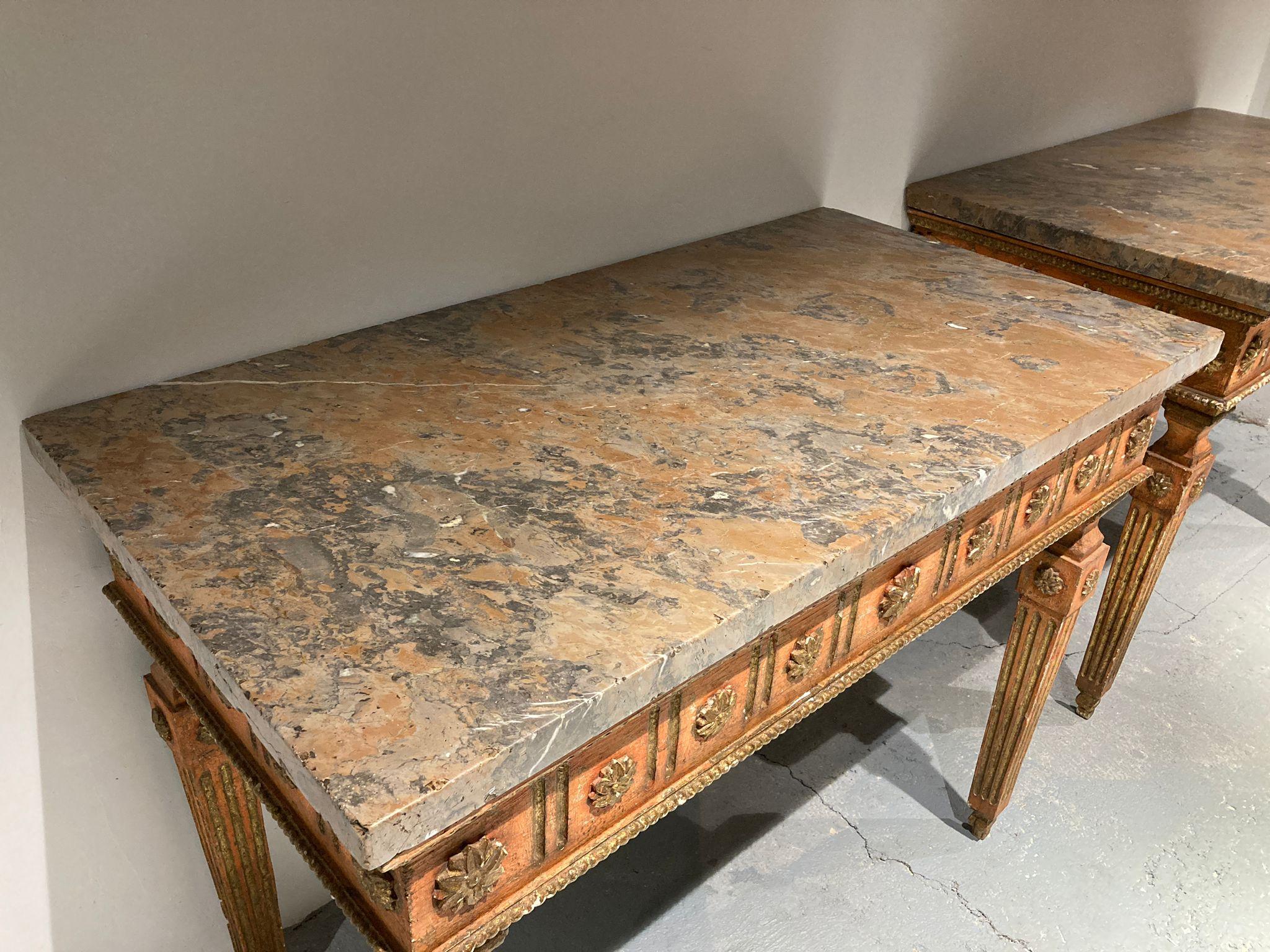 Italian Pair of Neapolitan Consoles Neoclassical 18century in Polychrome Wood and Marble For Sale