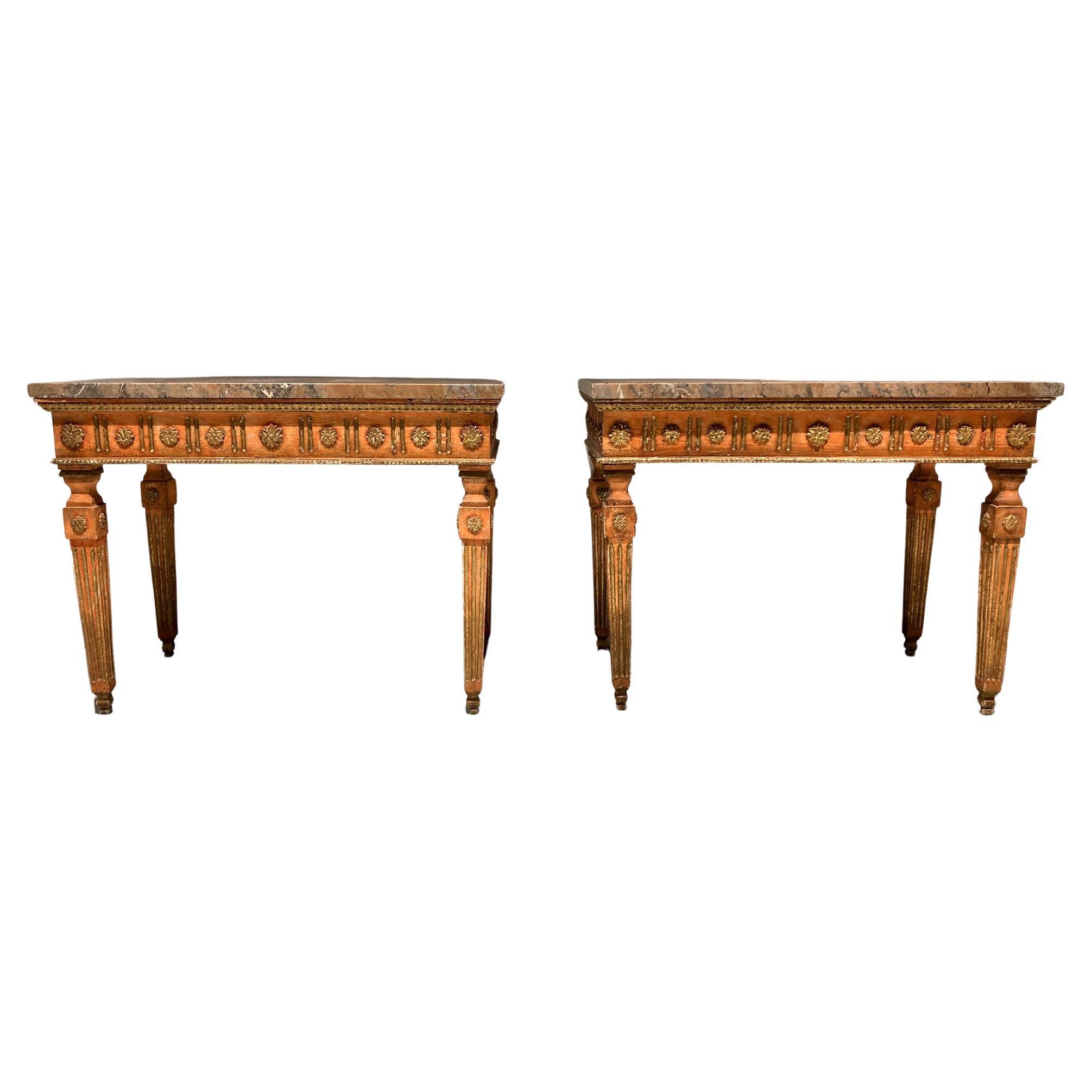 Paire de consoles napolitaines néoclassiques 18e siècle en bois polychrome et marbre