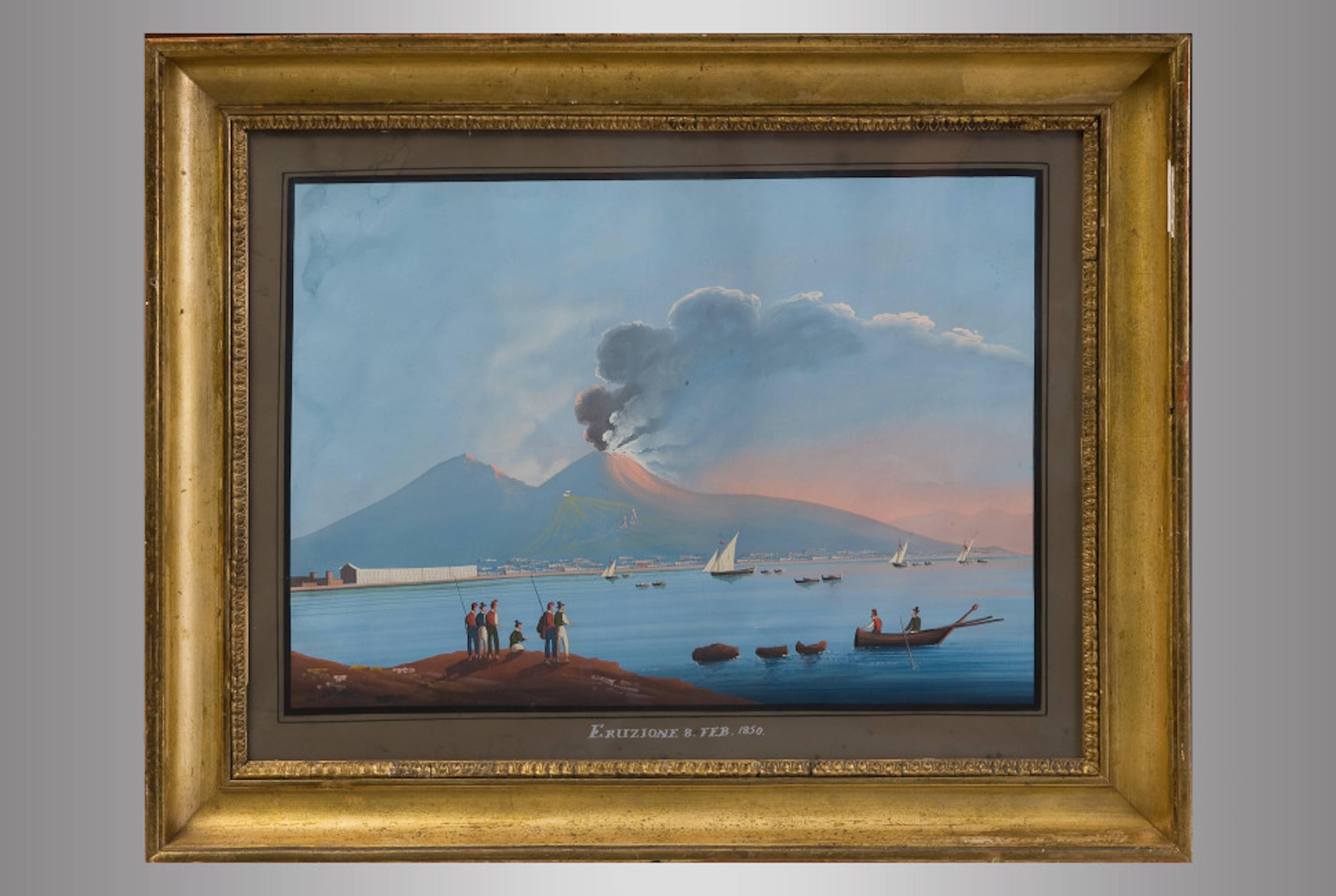 Pair of Neapolitan Gouache ''Eruzione 8 de Febrero de 1850''
19th century
Wiews of Vesuvius eruption, day and night.
Original framed.

 
