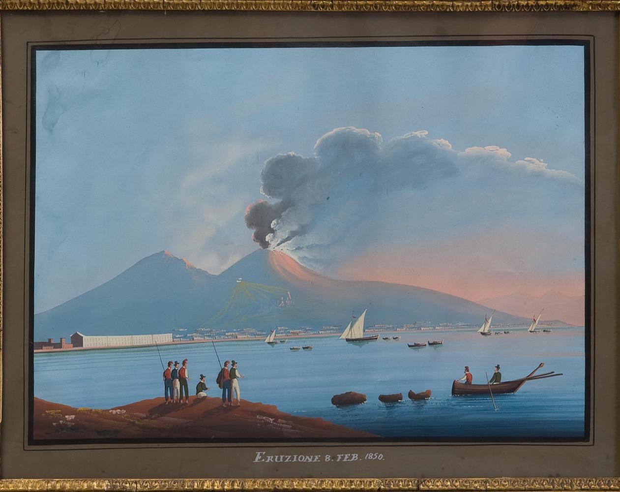 Mid-19th Century Pair of Neapolitan Gouache ''Eruzione 8 De Febrero De 1850'', 19th Century