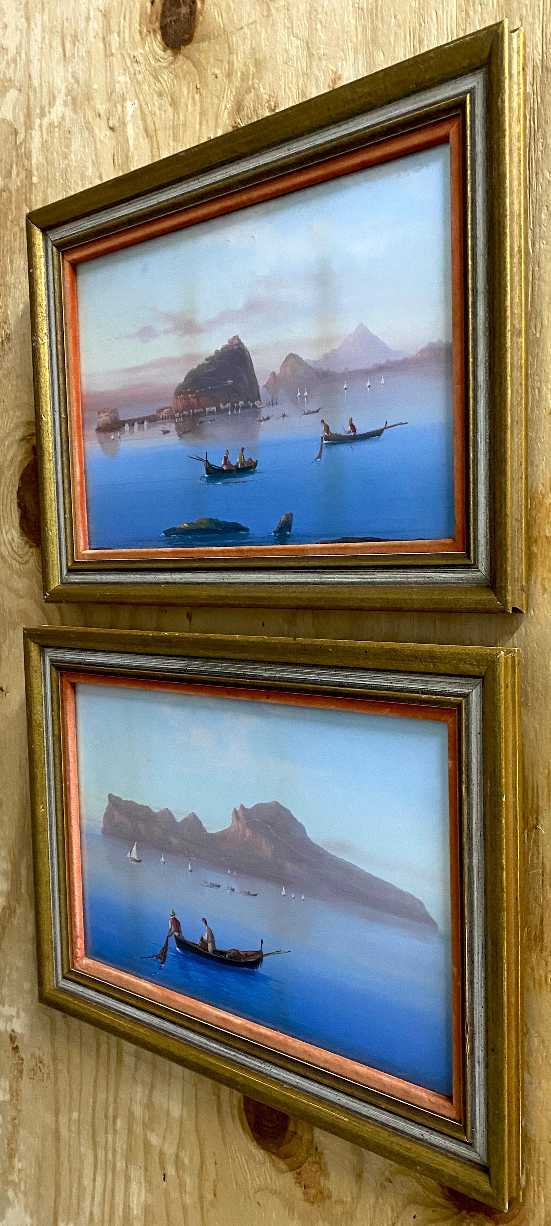 Pair of Neapolitan Grand Tour Gouaches Naples Bay & Mount Vesuvius- Larger In Good Condition For Sale In West Palm Beach, FL