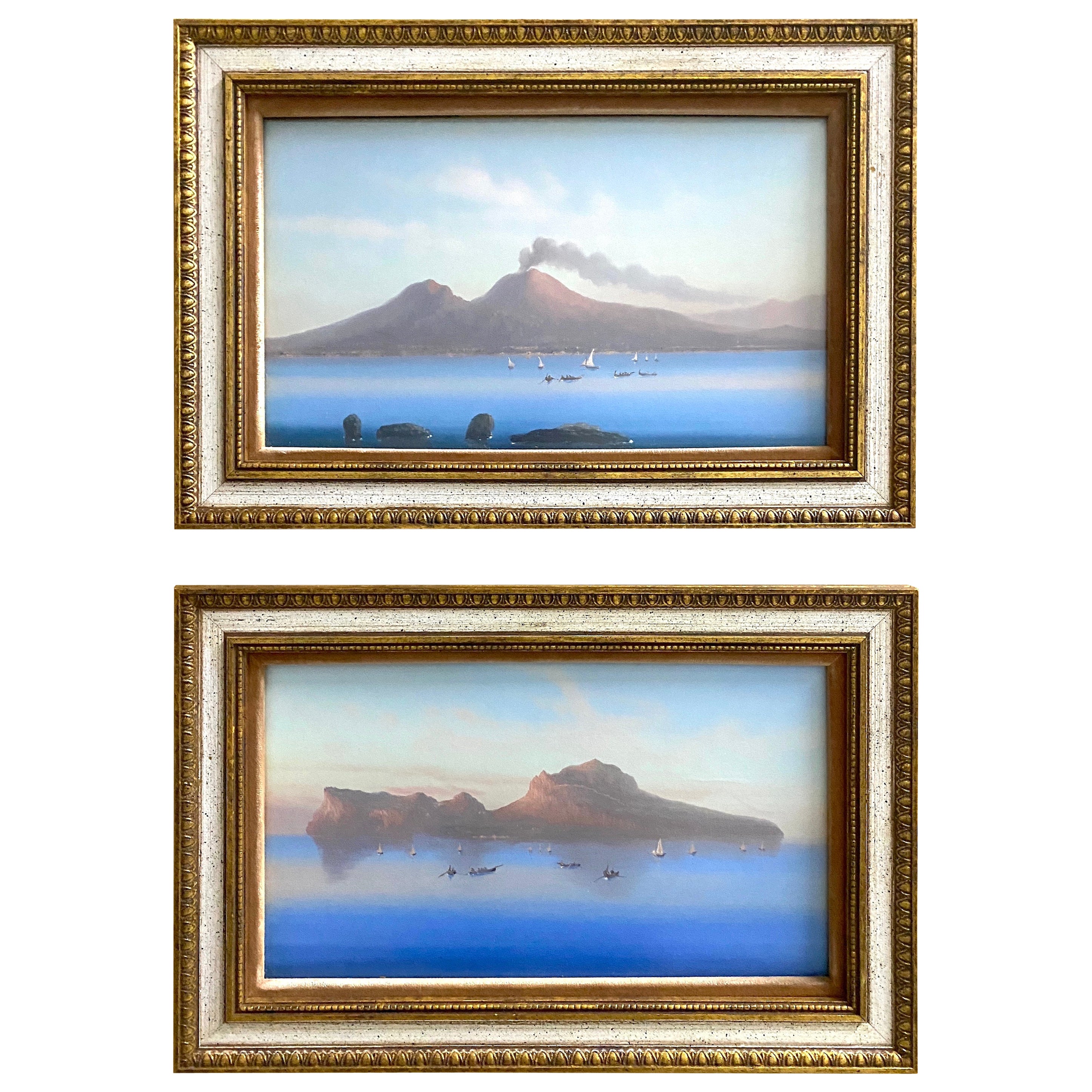 Pair of Neapolitan Grand Tour Gouaches Naples Bay & Mount Vesuvius- Smaller