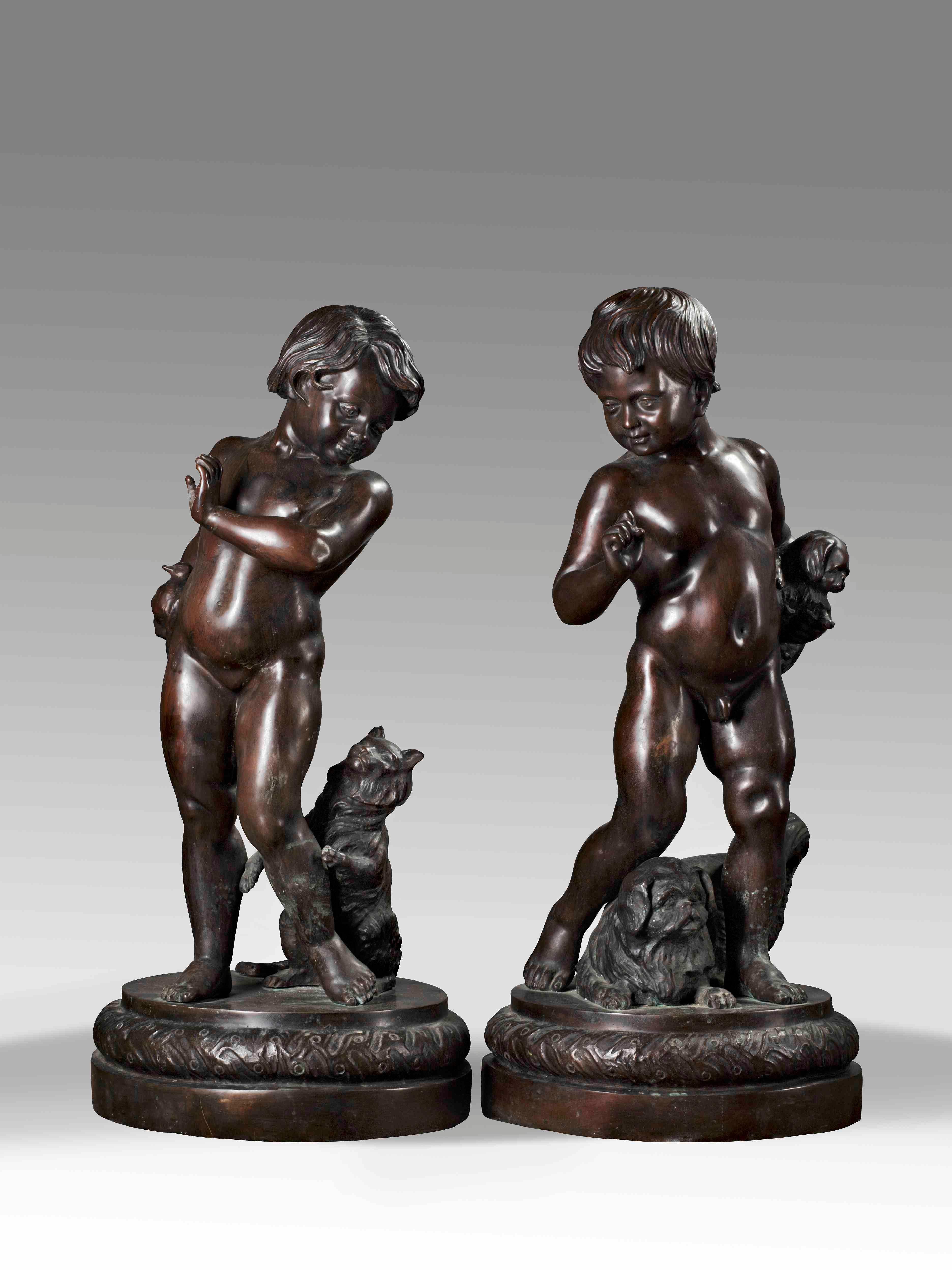 Pair of Neapolitan bronze sculptures of children with dogs. Beautifully made and patinated. Very decorative in an interior or in the garden. The sculptures were made in Napoli Italy by foundry Artistica Ruocco. Signed. Measures: 100 and 103 cm in