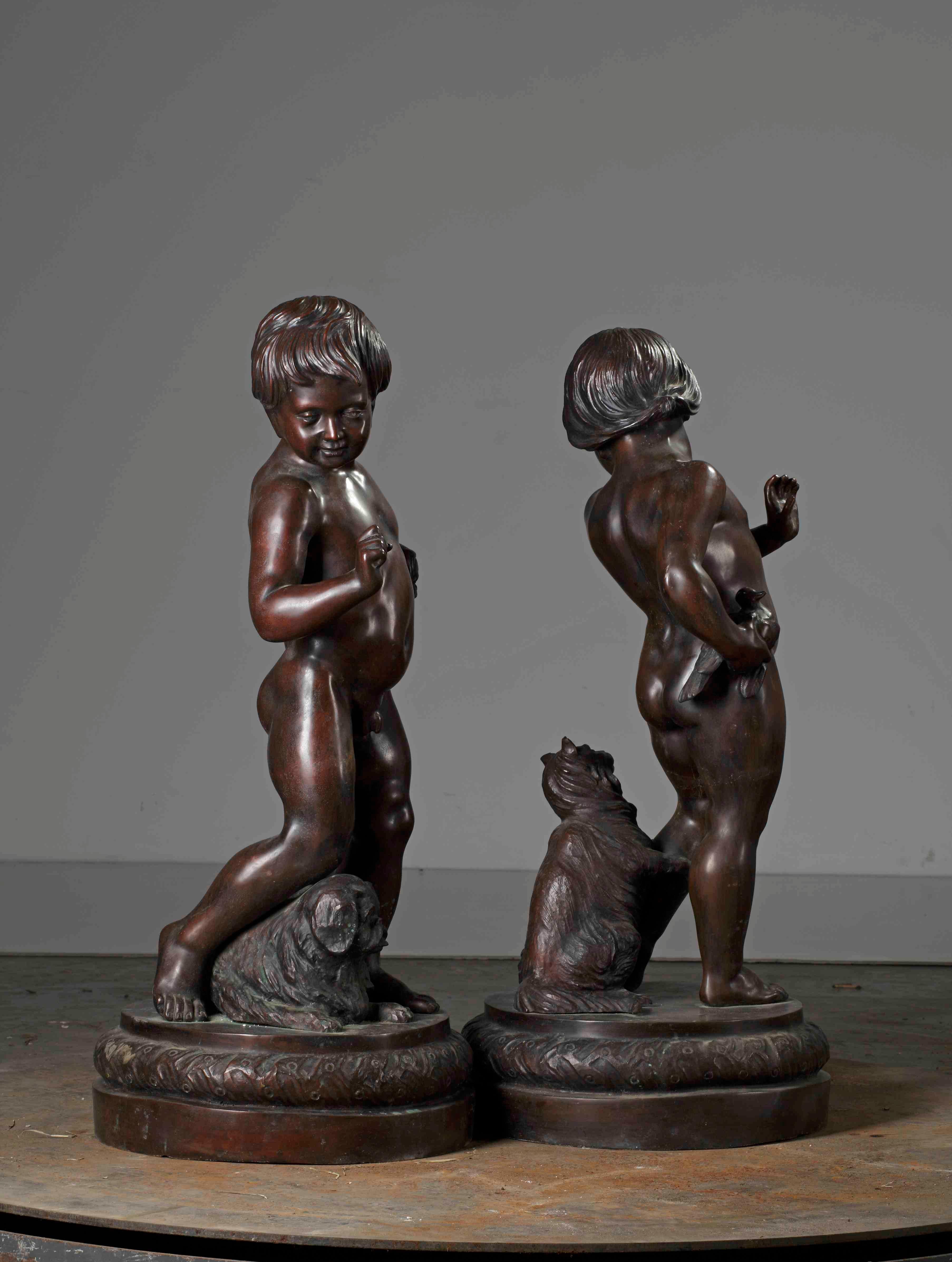 Baroque Pair of Neapolitan Large Bronze Sculptures of Children with Dogs