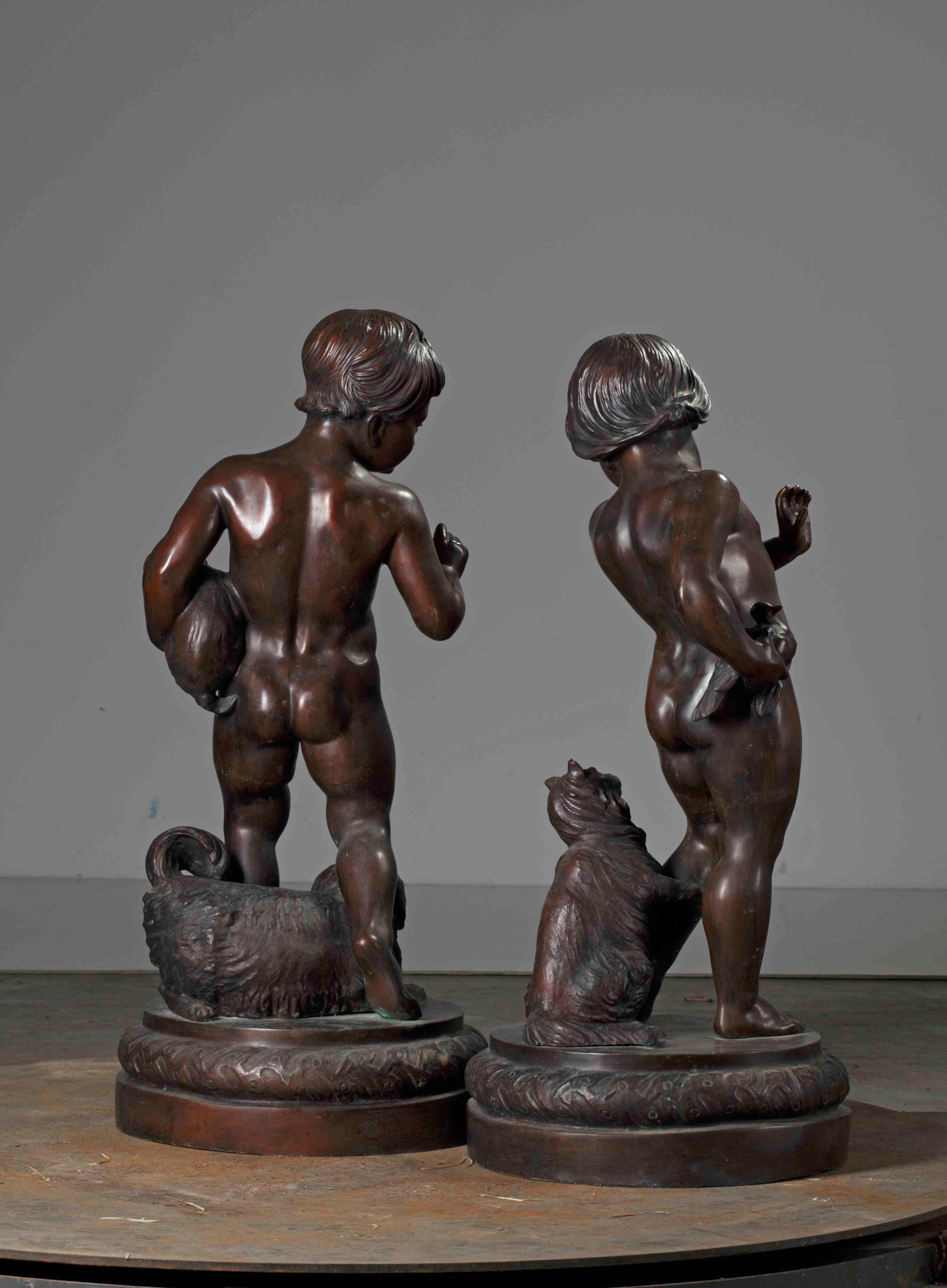Italian Pair of Neapolitan Large Bronze Sculptures of Children with Dogs