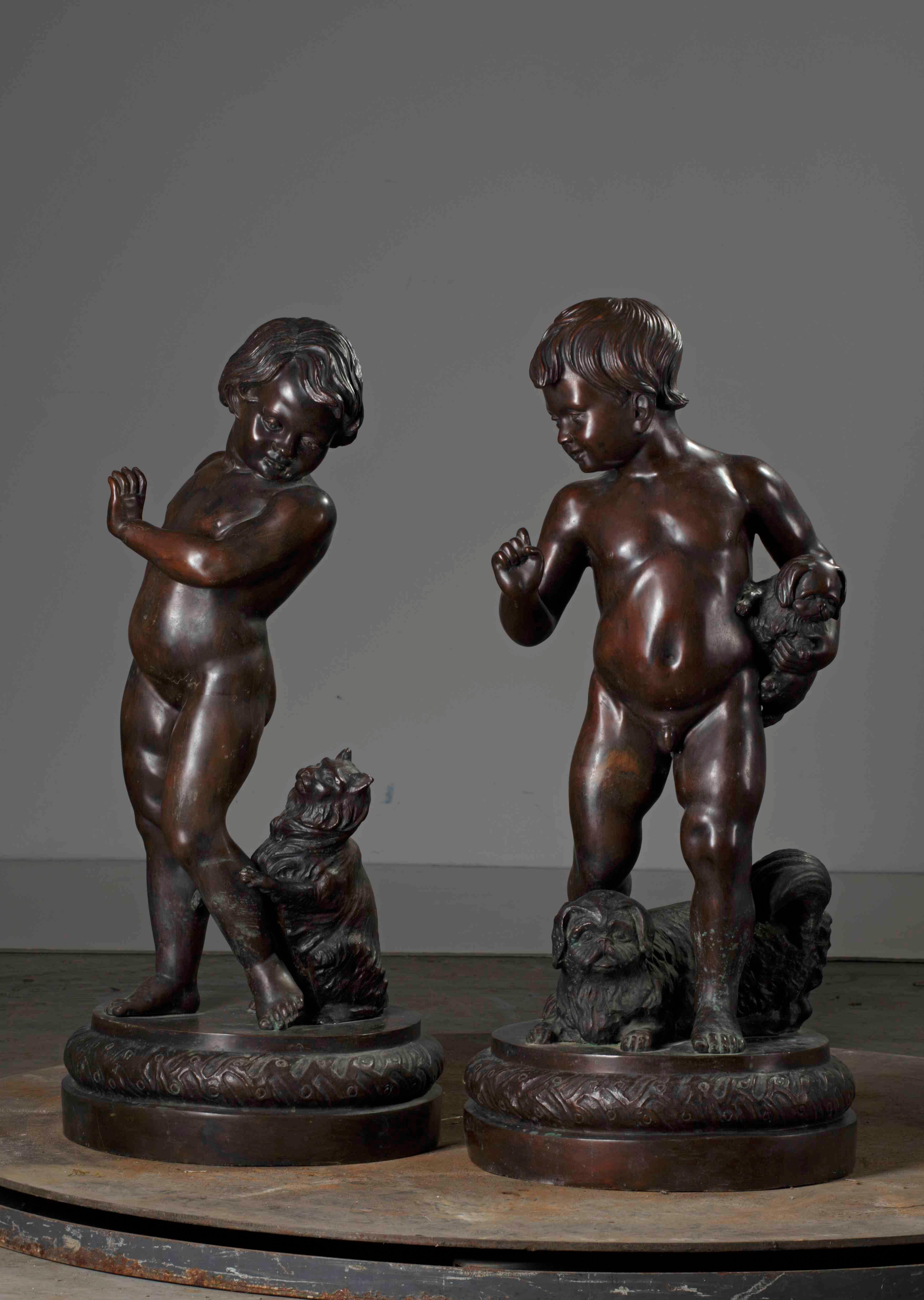 Pair of Neapolitan Large Bronze Sculptures of Children with Dogs In Good Condition In Baambrugge, NL