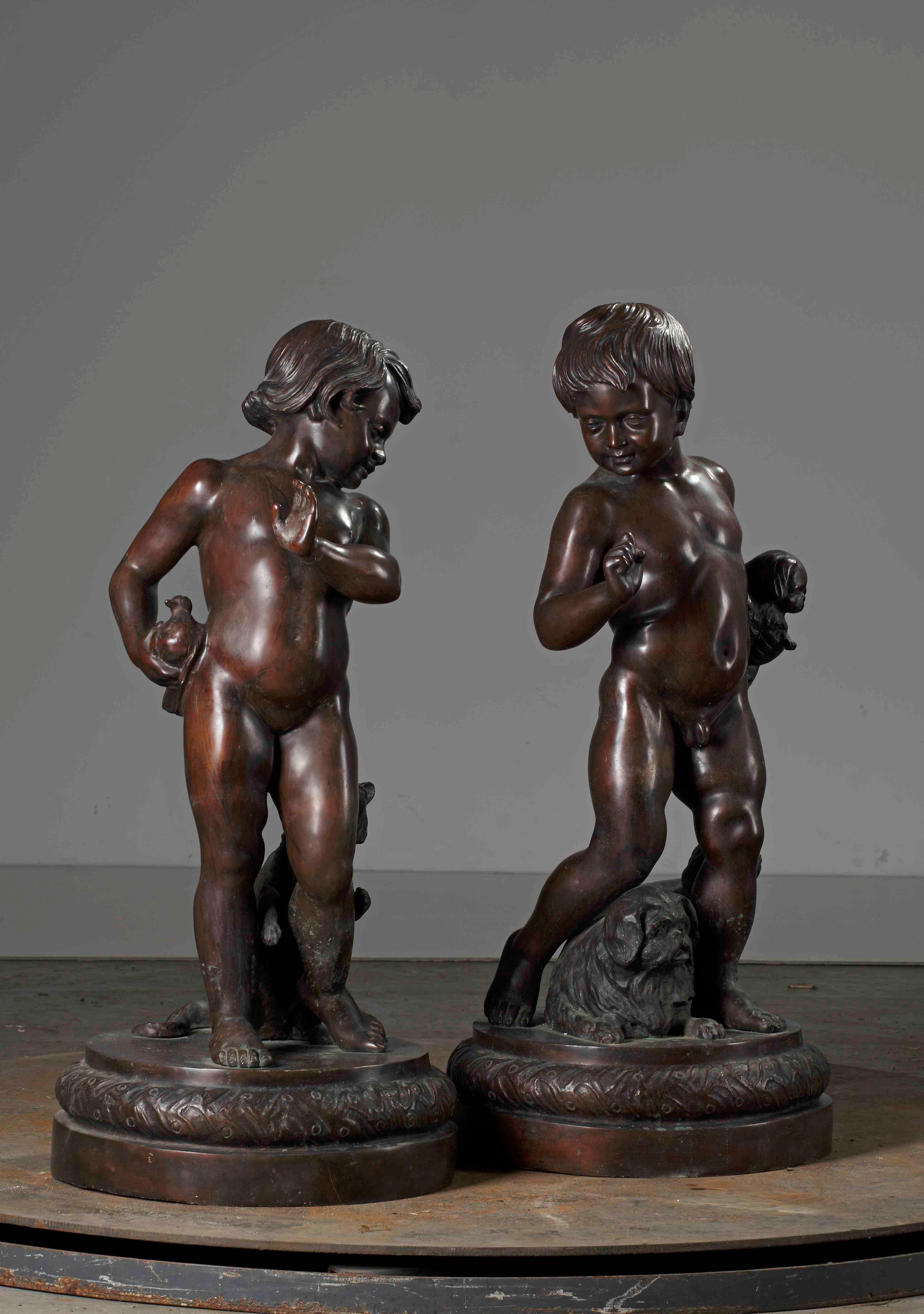 20th Century Pair of Neapolitan Large Bronze Sculptures of Children with Dogs