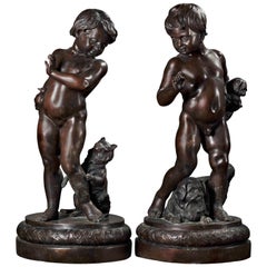 Pair of Neapolitan Large Bronze Sculptures of Children with Dogs