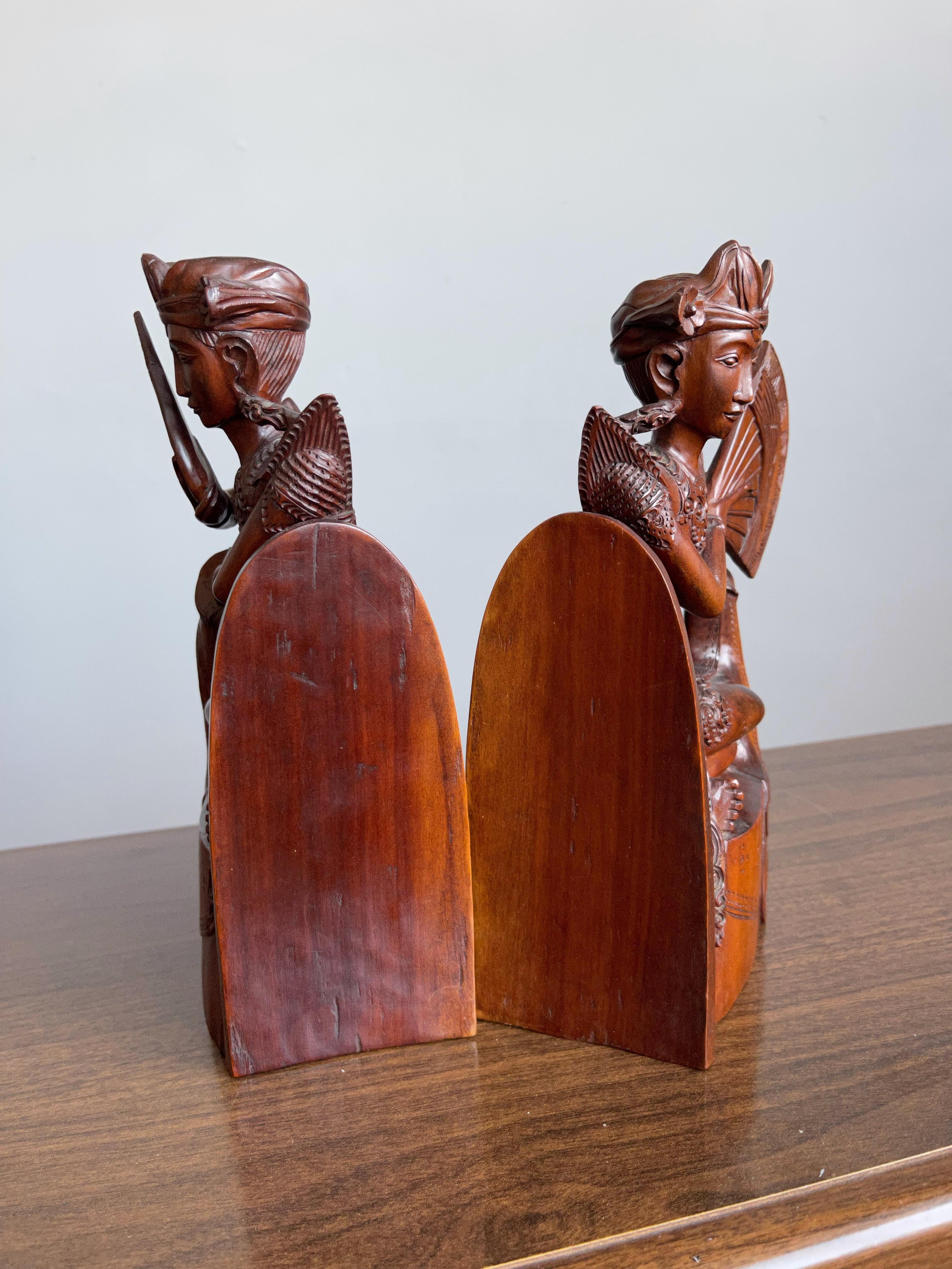 Pair of Near Antique Balinese Handcarved Wooden Bookends, Legong Dancers w. Fans 9