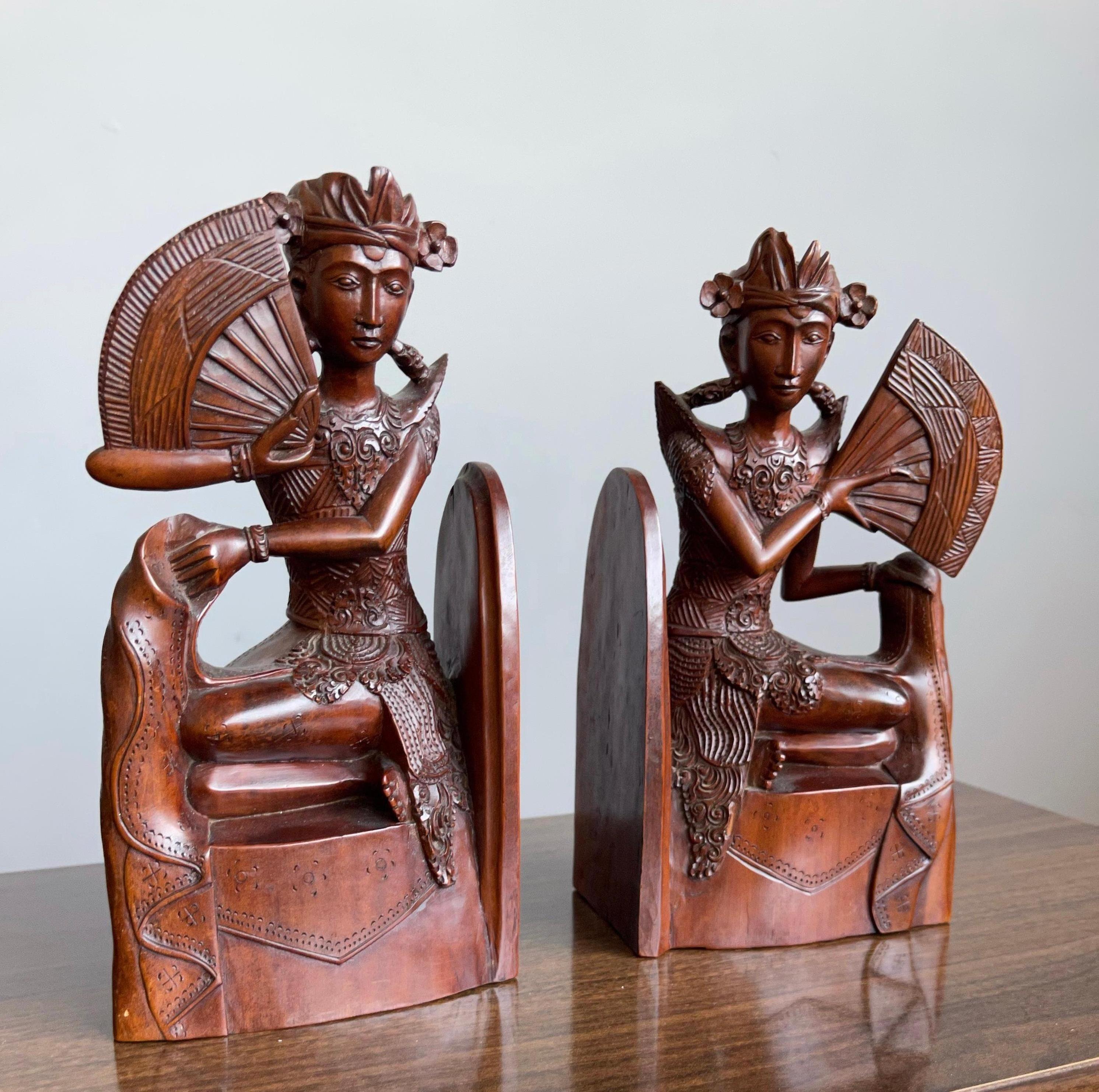 Pair of Near Antique Balinese Handcarved Wooden Bookends, Legong Dancers w. Fans 11