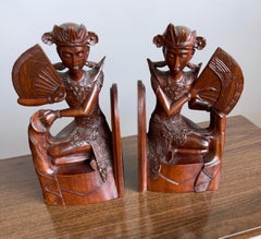 Pair of Near Antique Balinese Handcarved Wooden Bookends, Legong Dancers w. Fans