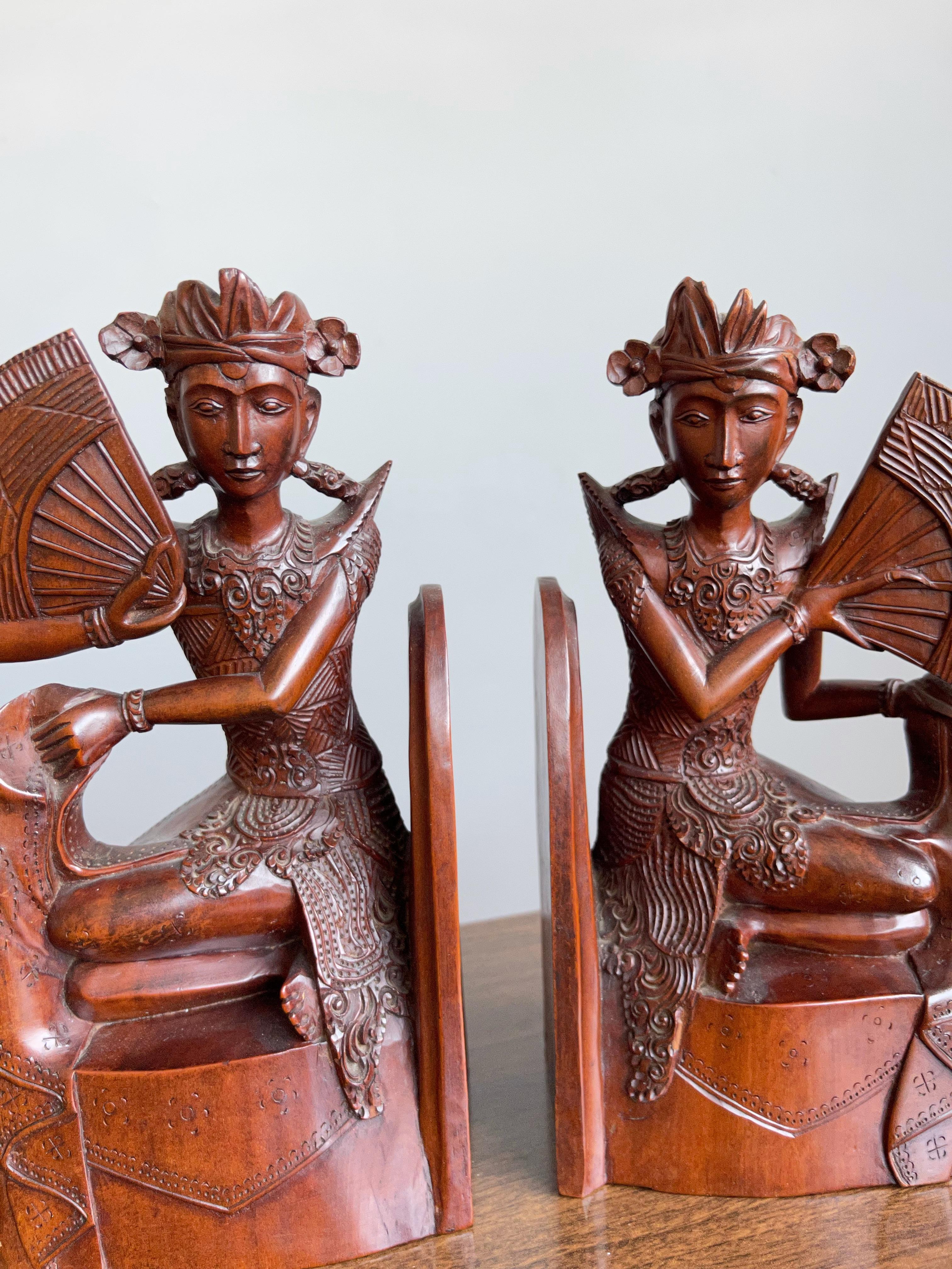 Arts and Crafts Pair of Near Antique Balinese Handcarved Wooden Bookends, Legong Dancers w. Fans