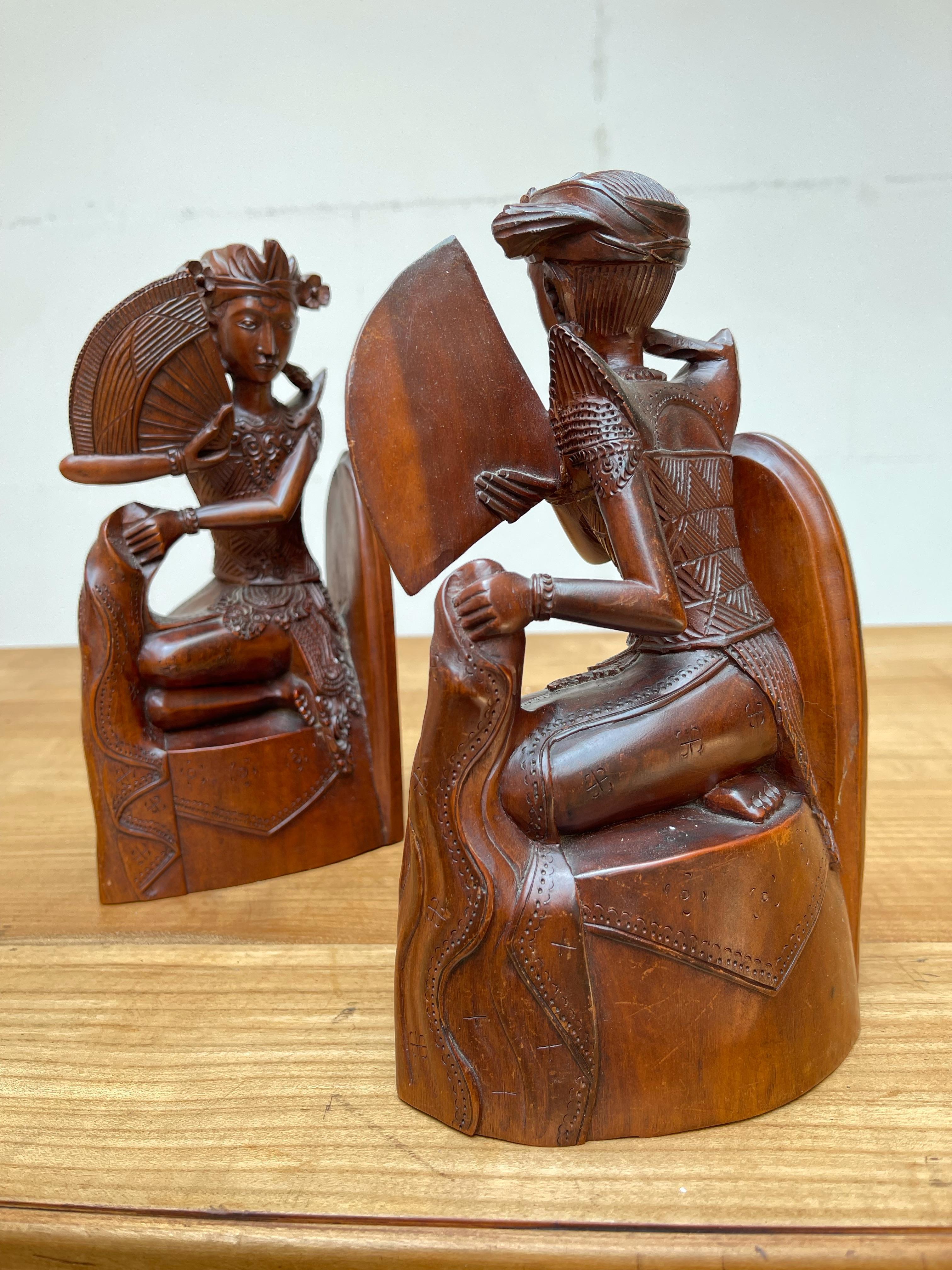 Hand-Crafted Pair of Near Antique Balinese Handcarved Wooden Bookends, Legong Dancers w. Fans