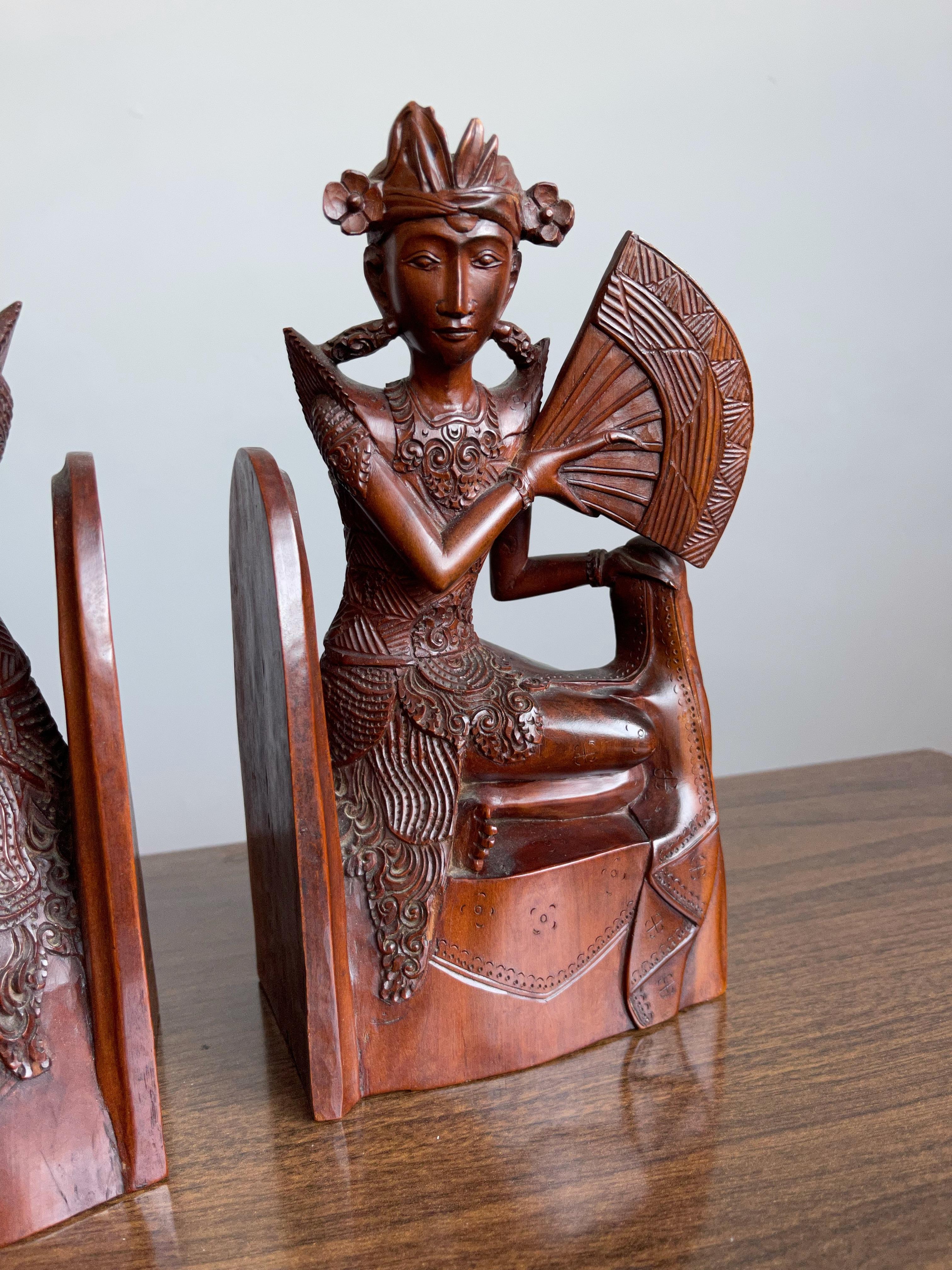 20th Century Pair of Near Antique Balinese Handcarved Wooden Bookends, Legong Dancers w. Fans