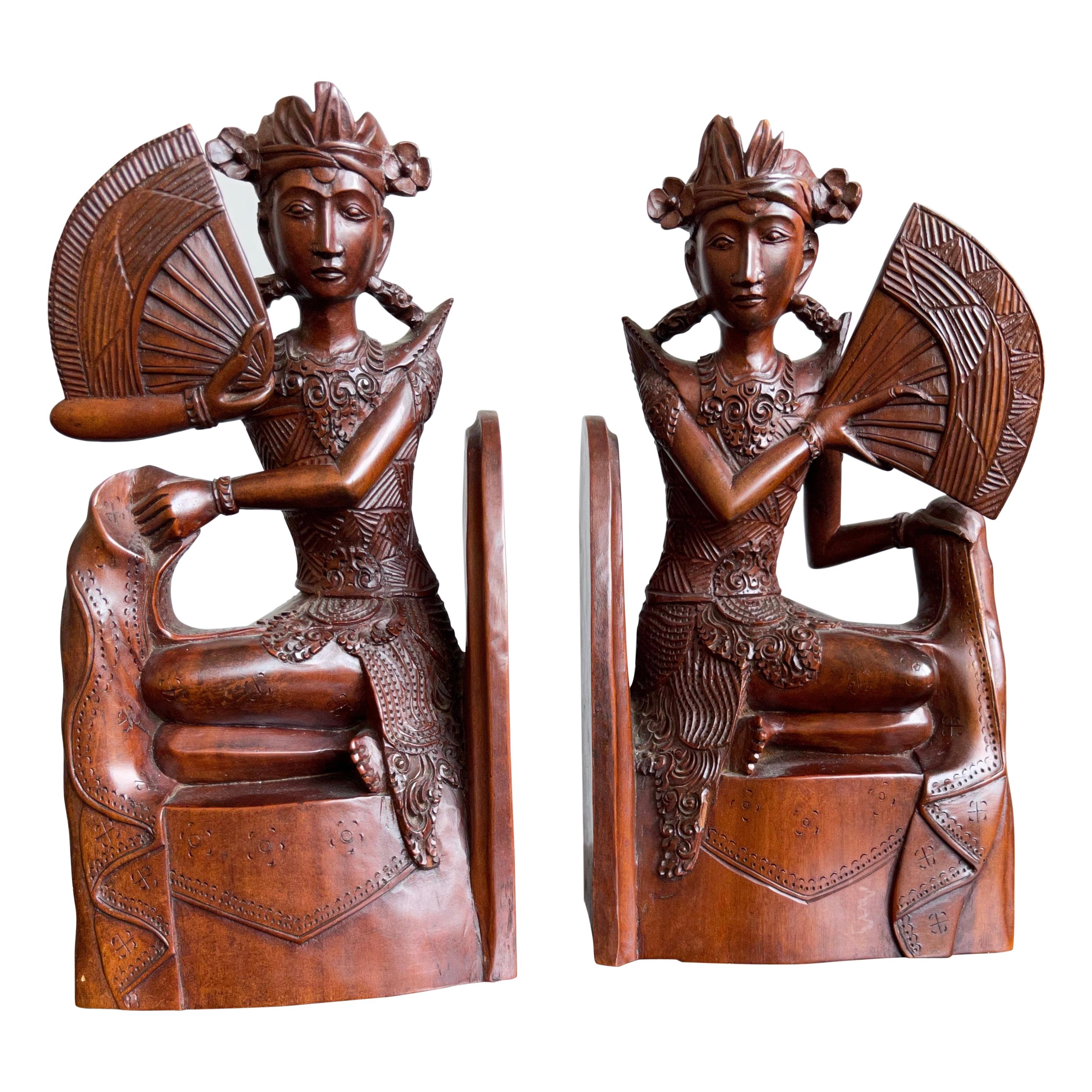 Pair of Near Antique Balinese Handcarved Wooden Bookends, Legong Dancers w. Fans