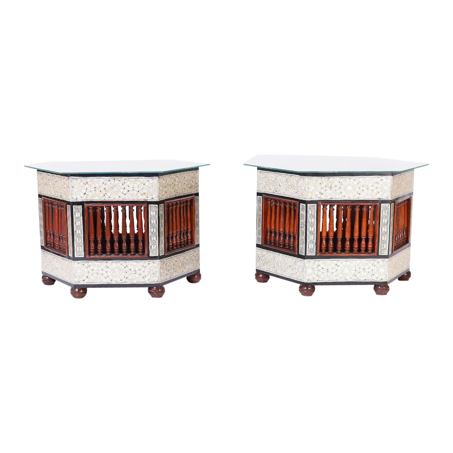 Pair of Near Eastern Glass Top Inlaid Tables