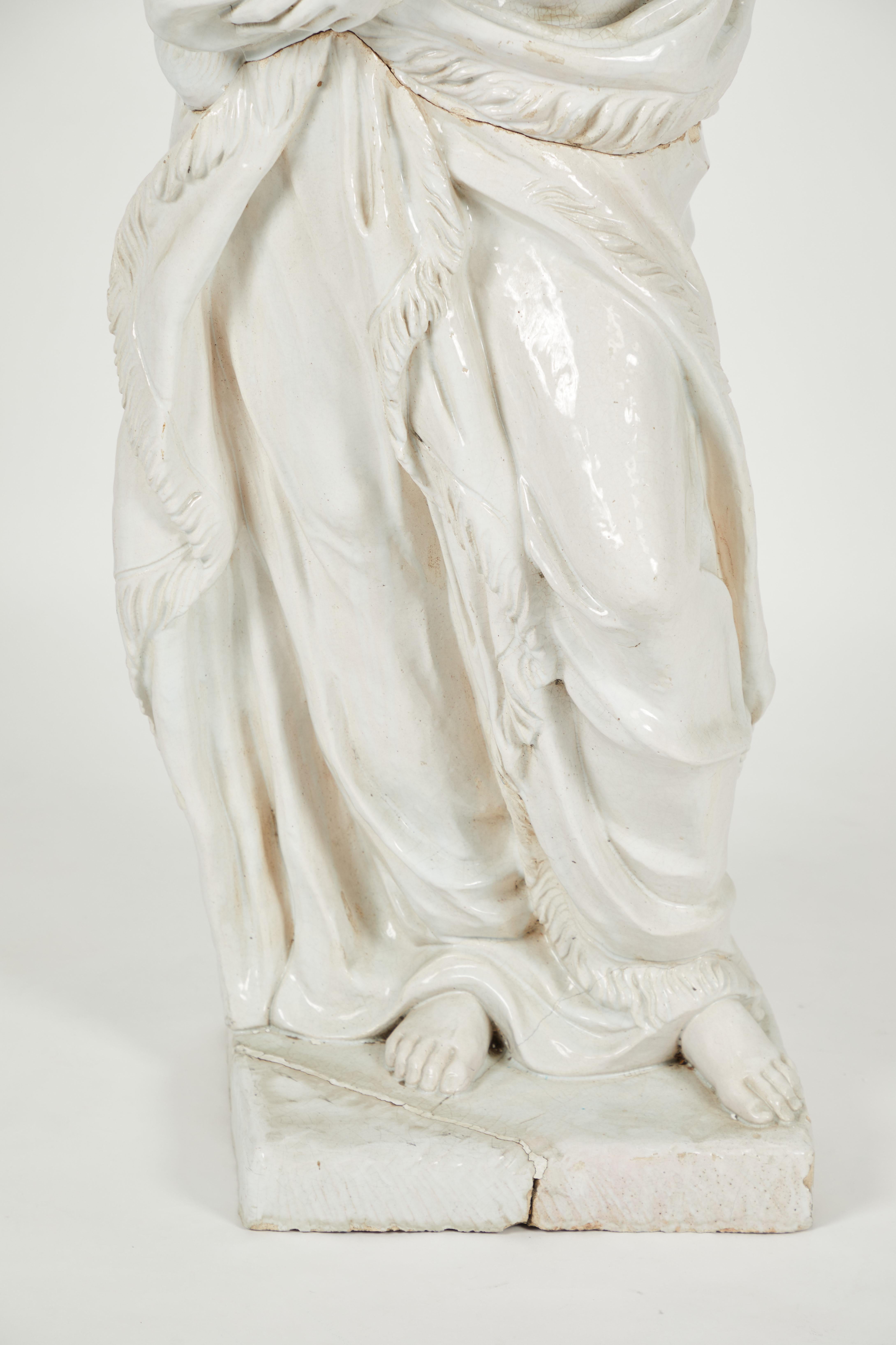 Pair of Near Life-Sized Continental Glazed Earthenware Statues For Sale 1