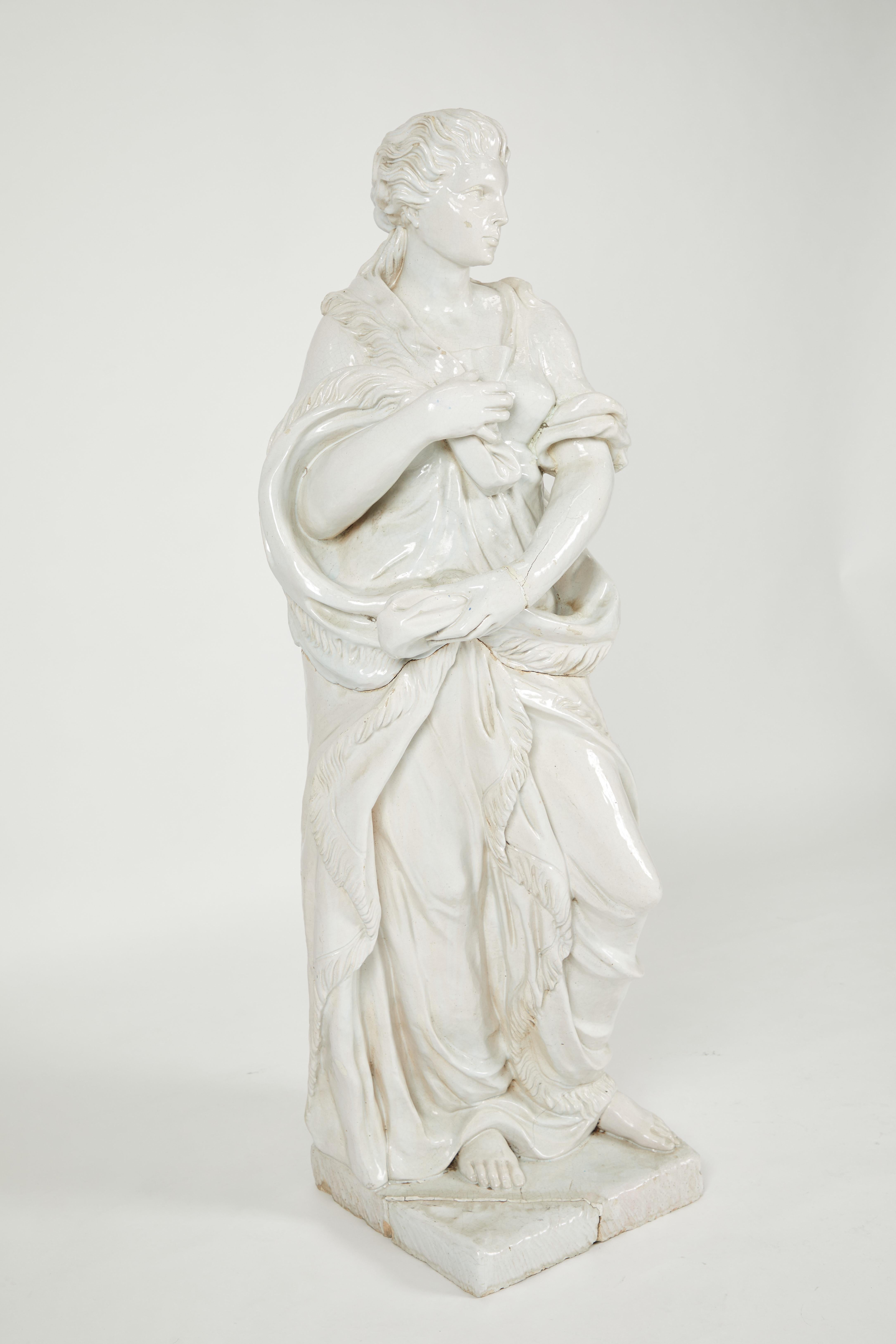 Pair of Near Life-Sized Continental Glazed Earthenware Statues For Sale 2