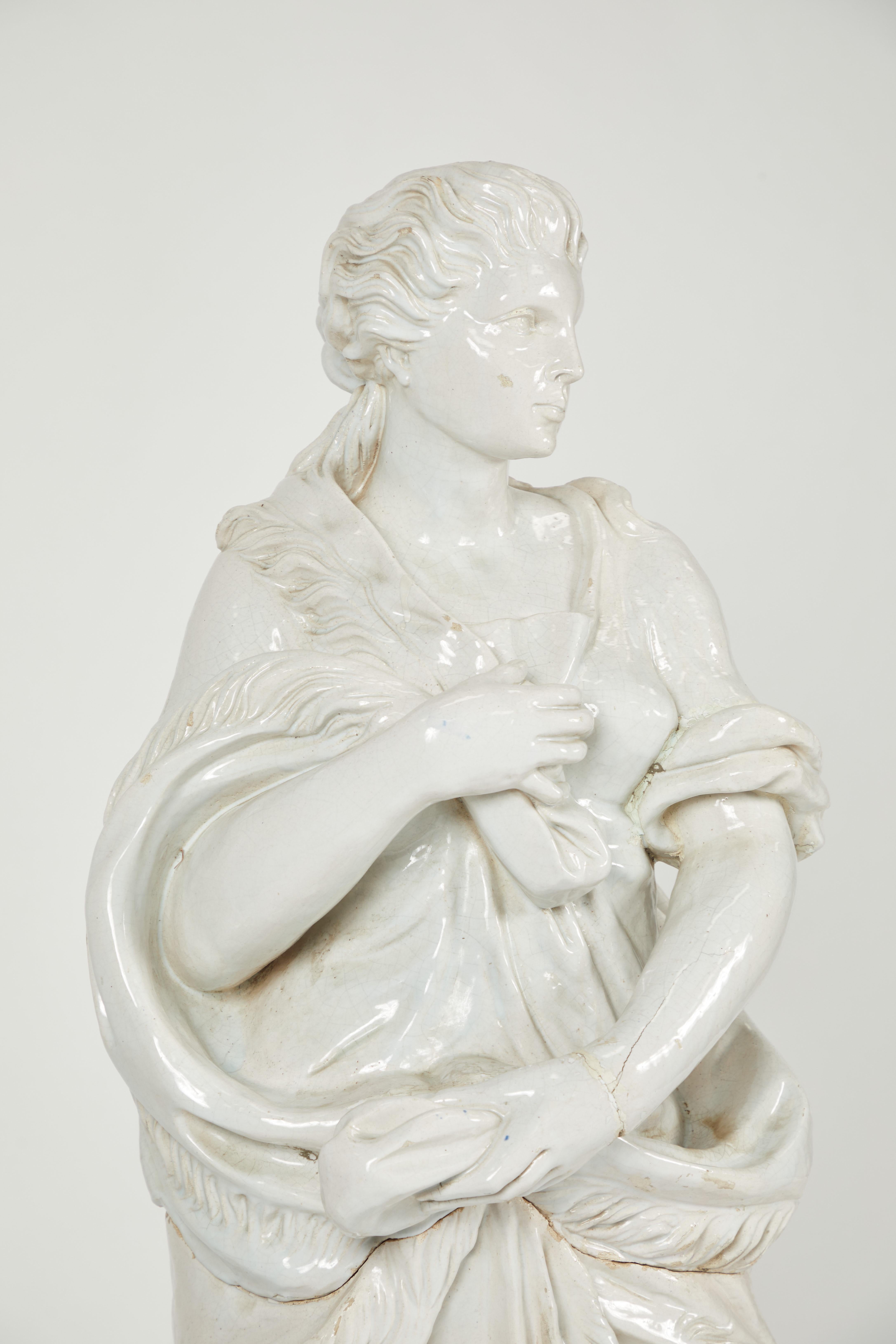 Pair of Near Life-Sized Continental Glazed Earthenware Statues For Sale 3