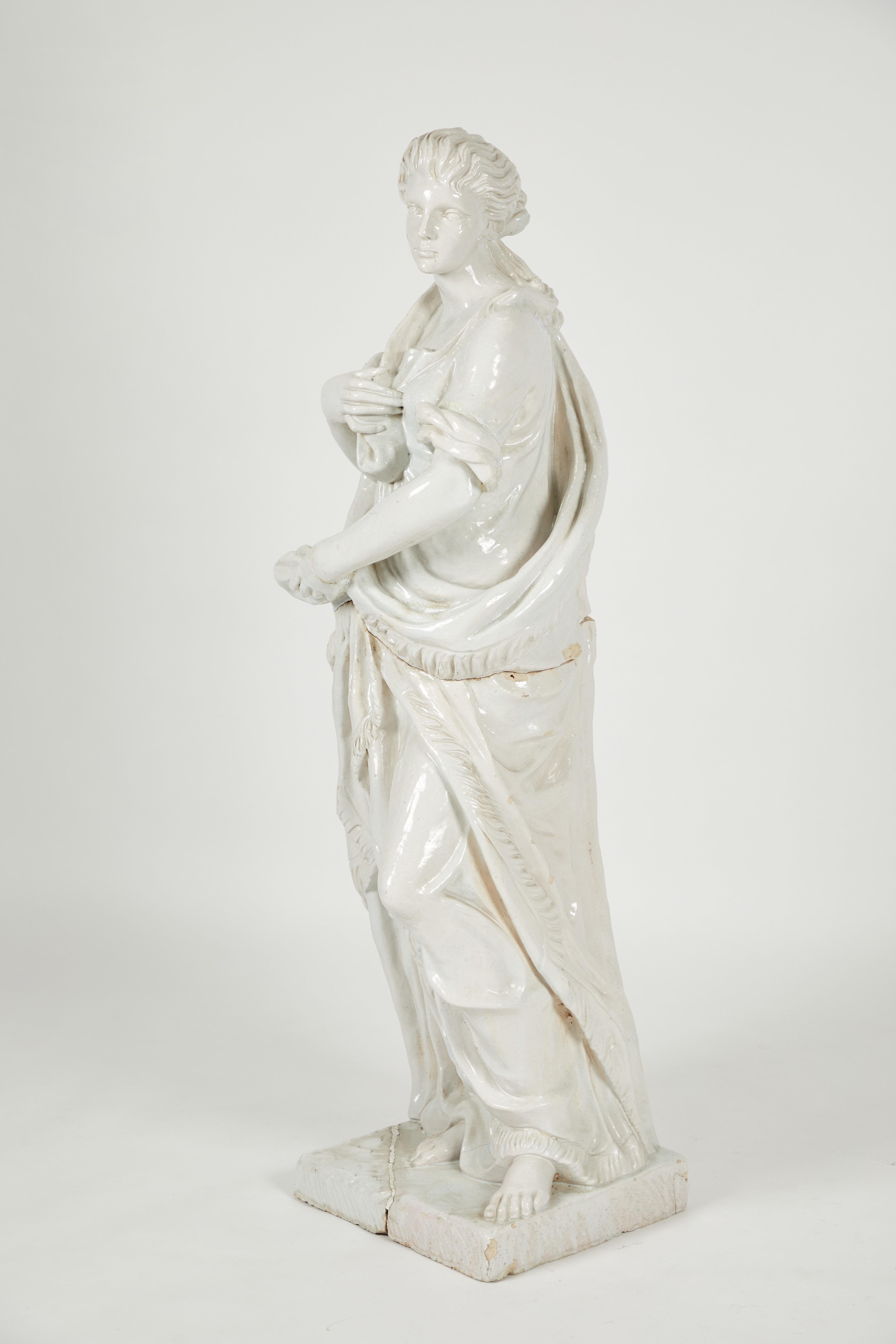 Pair of Near Life-Sized Continental Glazed Earthenware Statues For Sale 4