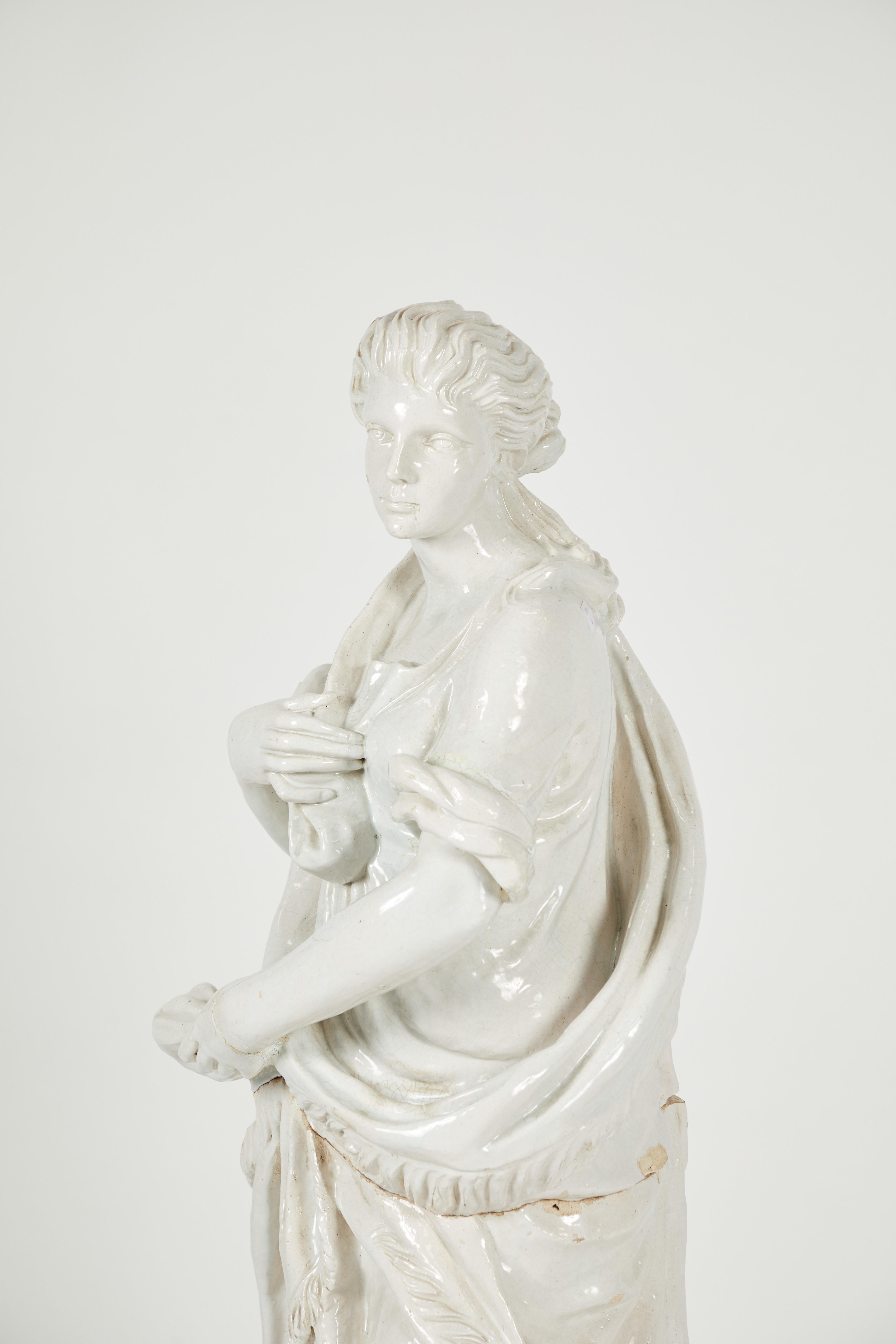 Pair of Near Life-Sized Continental Glazed Earthenware Statues For Sale 5