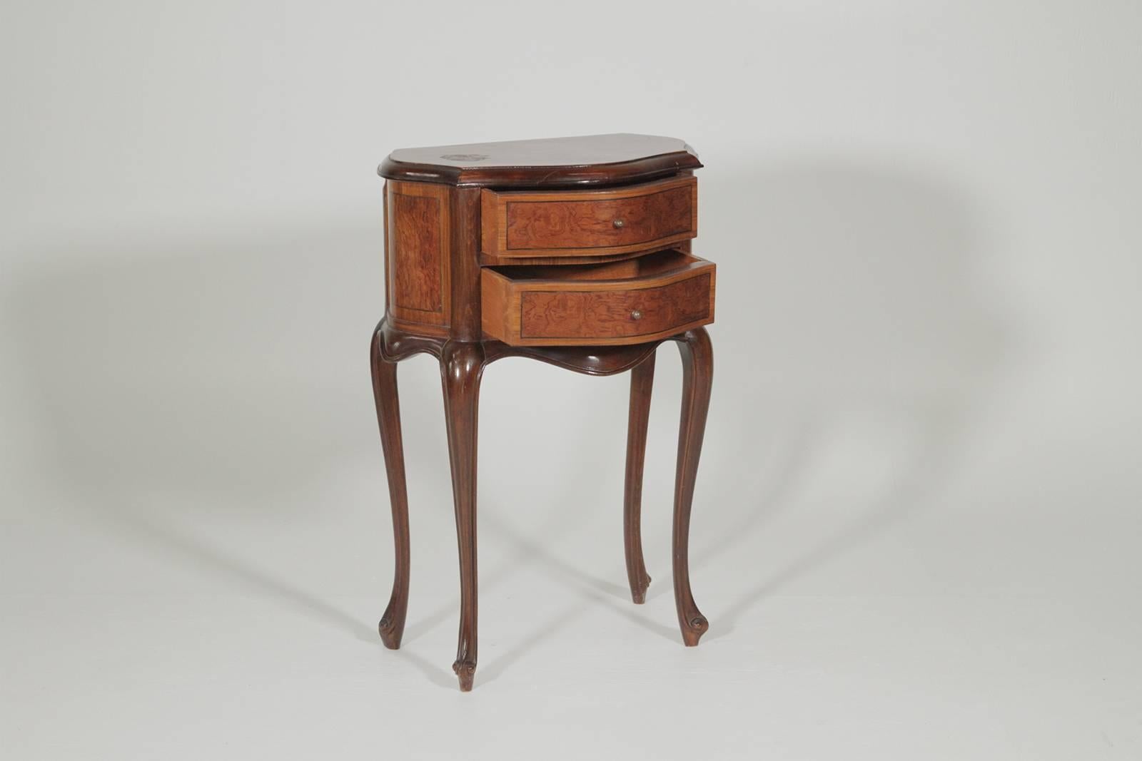Edwardian Pair of Nearly Matched Continental Two-Drawer Walnut Side Tables