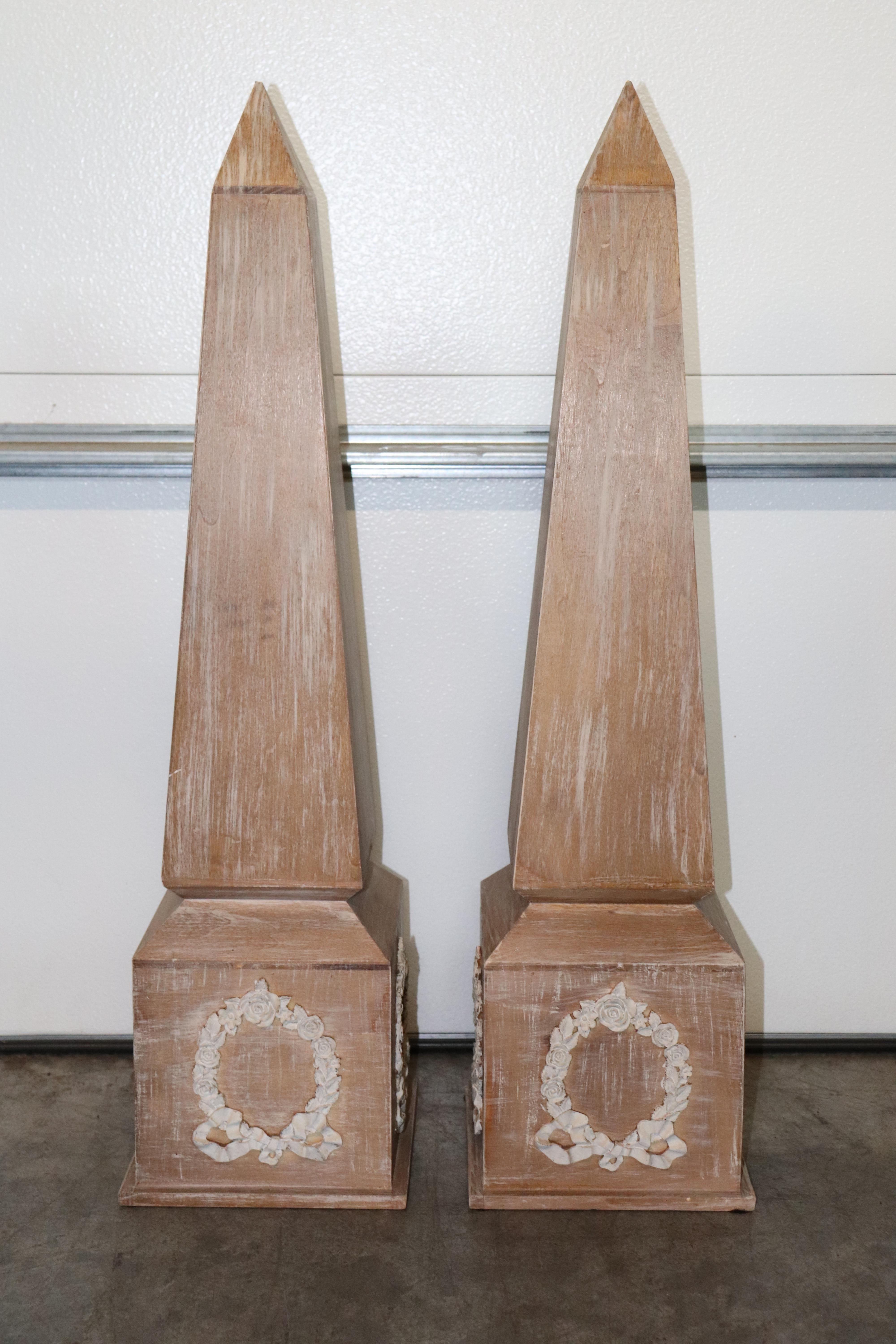 Empire Revival Pair of Neary Cerused Oak Carved Gesso French Obelisks For Sale
