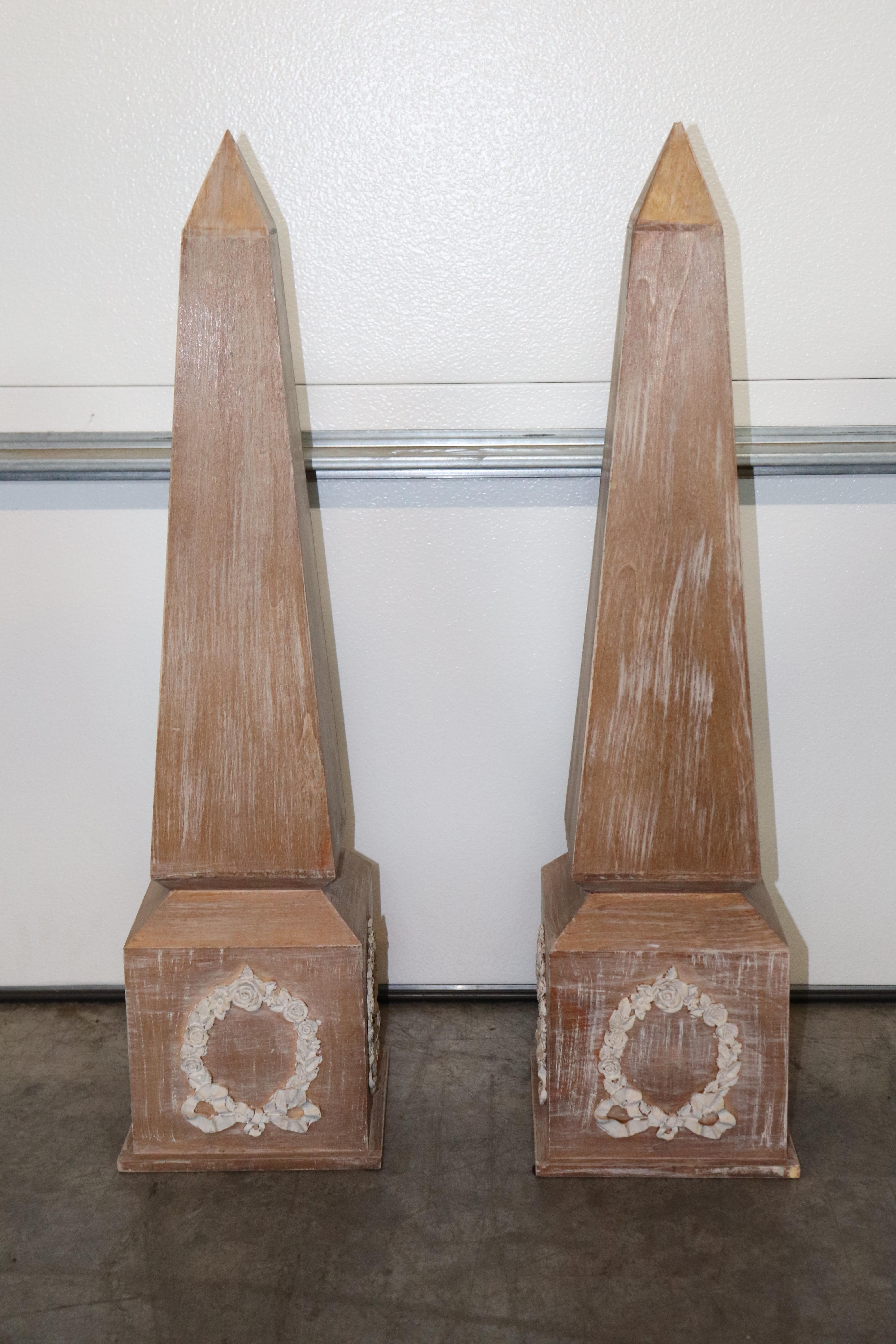 Pair of Neary Cerused Oak Carved Gesso French Obelisks For Sale 1